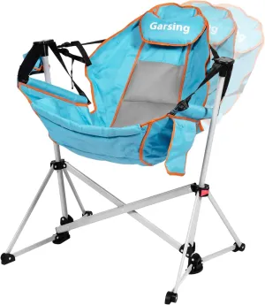Hammock Camping Chair, Folding Portable Rocking Chair, Aluminum Alloy Adjustable Back Swinging Chair with Pillow Cup Holder, Recliner with Carry Bag for Outdoor Travel Lawn Backyard, Black, Light Blue