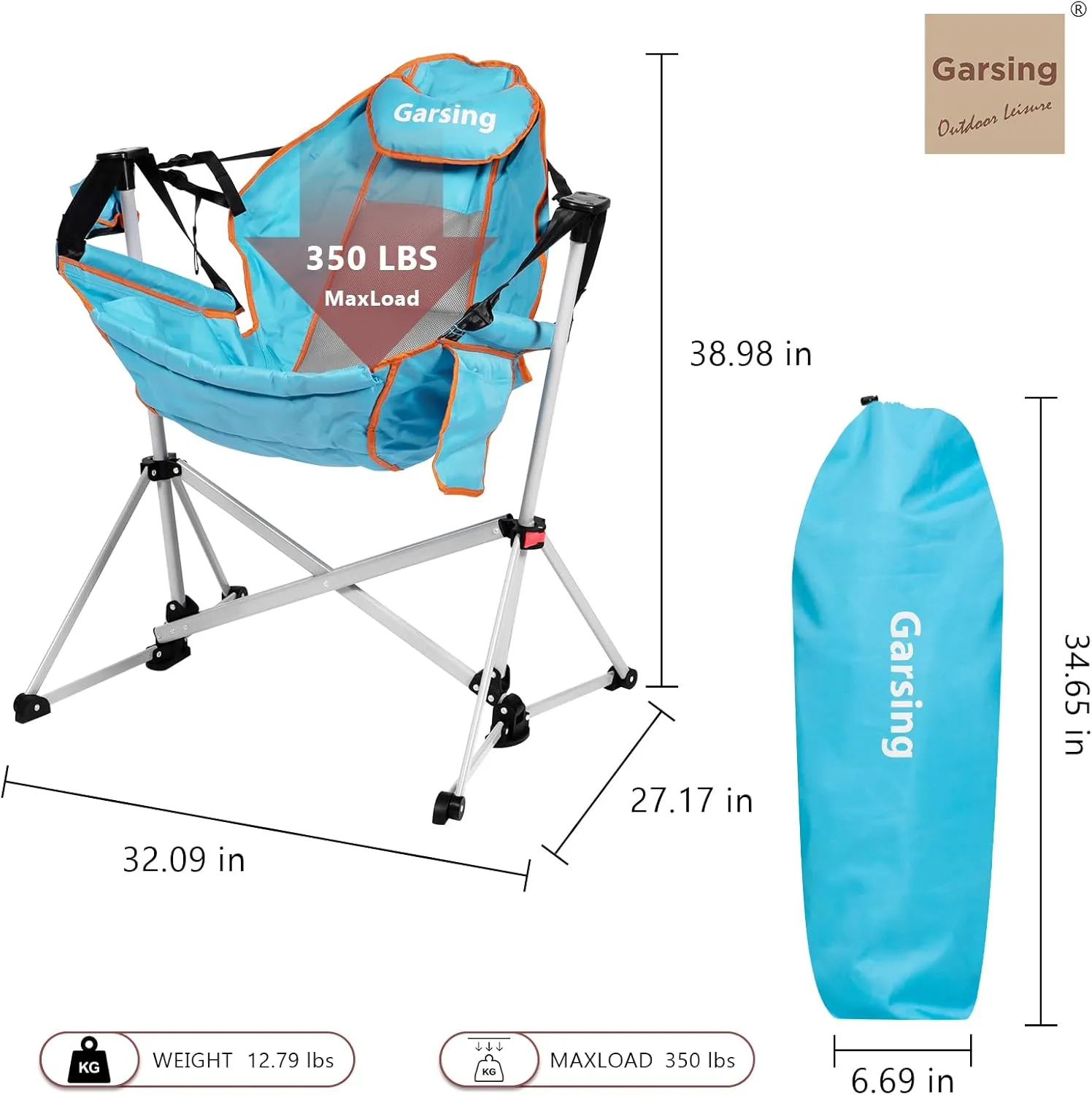 Hammock Camping Chair, Folding Portable Rocking Chair, Aluminum Alloy Adjustable Back Swinging Chair with Pillow Cup Holder, Recliner with Carry Bag for Outdoor Travel Lawn Backyard, Black, Light Blue