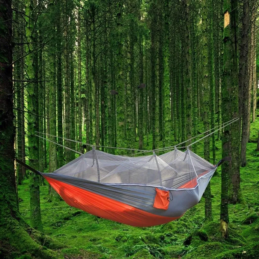 Hammock Outdoor Camping Mosquito Net Hammock Nylon Parachute Cloth Hammock with Mosquito Net Outdoor Swing Hammock Hammocks for Outside(B)