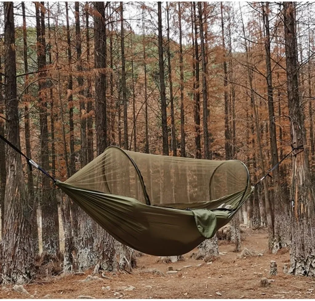 Hammocks Automatic Quick-Opening Mosquito Net Hammock Outdoor Camping Anti-Rollover Nylon Hammock with Mosquito Net Camping Hammocks(Orange)