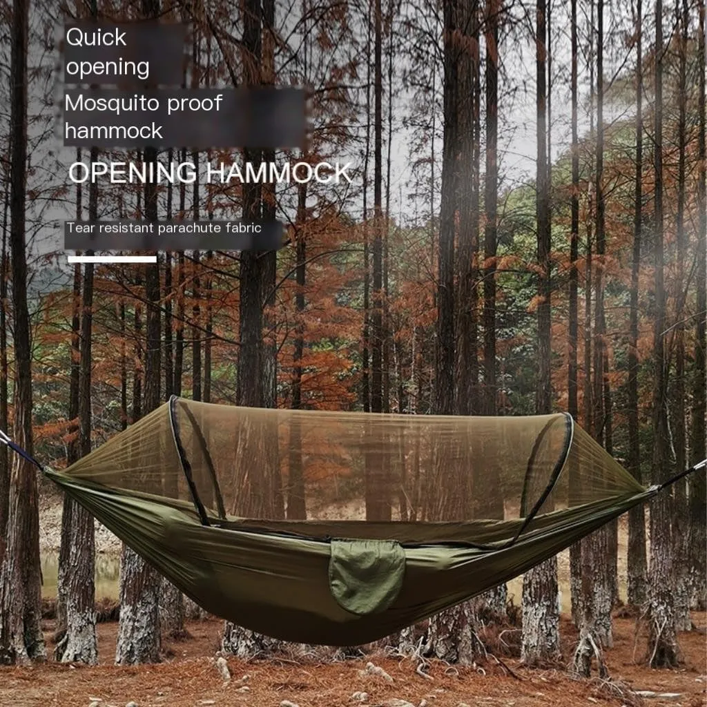 Hammocks Automatic Quick-Opening Mosquito Net Hammock Outdoor Camping Anti-Rollover Nylon Hammock with Mosquito Net Camping Hammocks(Orange)