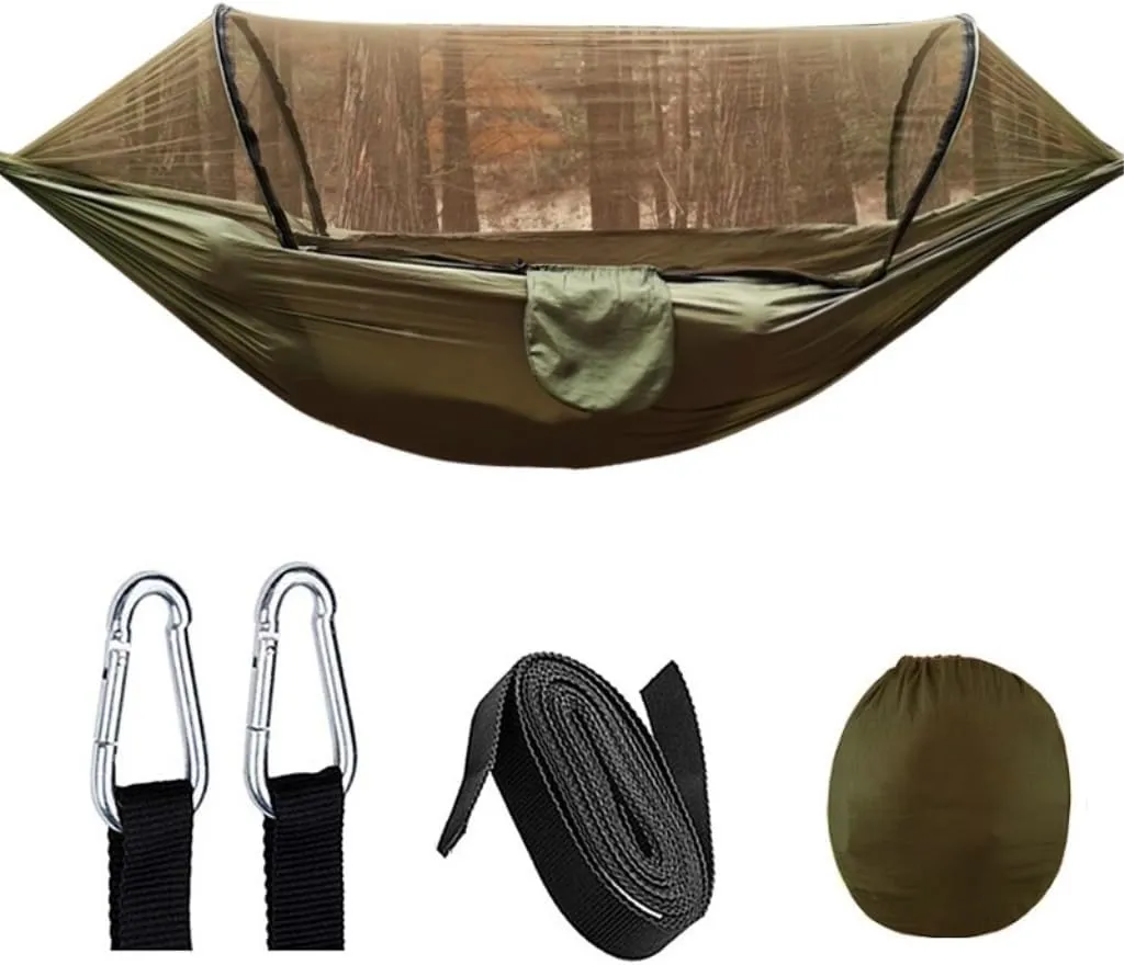 Hammocks Automatic Quick-Opening Mosquito Net Hammock Outdoor Camping Anti-Rollover Nylon Hammock with Mosquito Net Camping Hammocks(Orange)