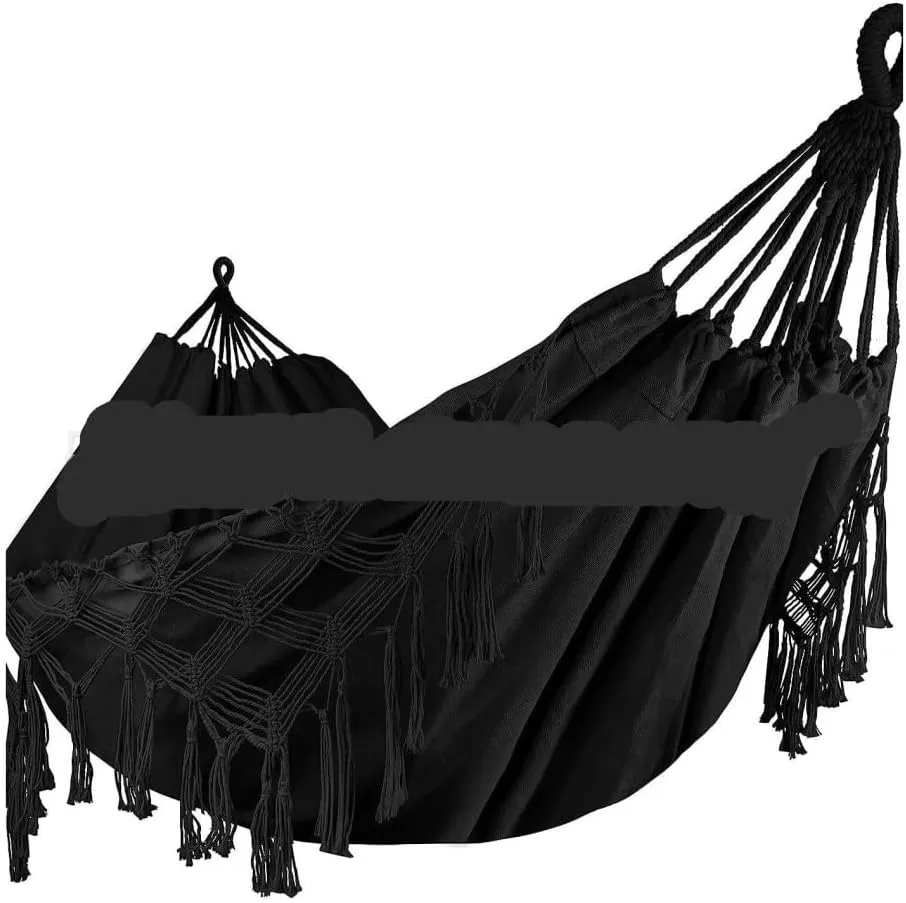 Hammocks Double Tassel Hammock Outdoor Bohemian Style Homestay with Canvas Anti-Rollover Swing Rocking Net Bed Camping Hammocks(Black)