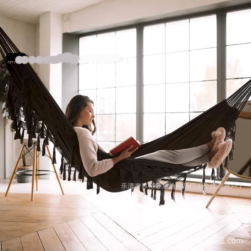 Hammocks Double Tassel Hammock Outdoor Bohemian Style Homestay with Canvas Anti-Rollover Swing Rocking Net Bed Camping Hammocks(Black)
