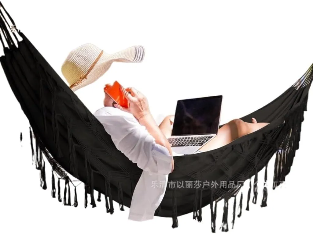Hammocks Double Tassel Hammock Outdoor Bohemian Style Homestay with Canvas Anti-Rollover Swing Rocking Net Bed Camping Hammocks(Black)