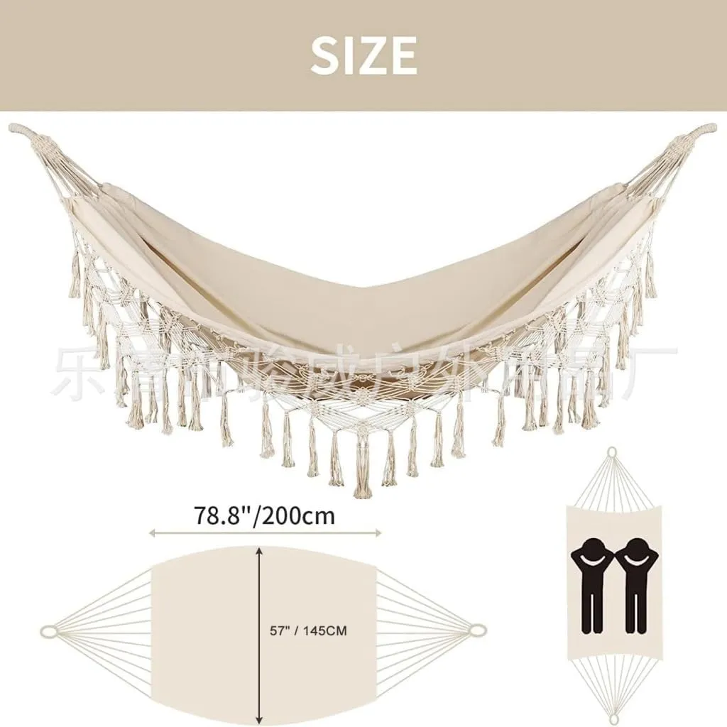 Hammocks Double Tassel Hammock Outdoor Bohemian Style Homestay with Canvas Anti-Rollover Swing Rocking Net Bed Camping Hammocks(Black)