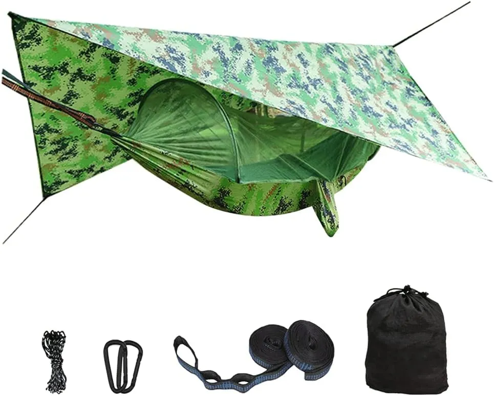Hammocks Net Hammock Tent with Waterproof Canopy Awning Set Hammock Portable Pop up Travel Hiking Outdoor Backpacking Backyard Beach Outdoor Hammock