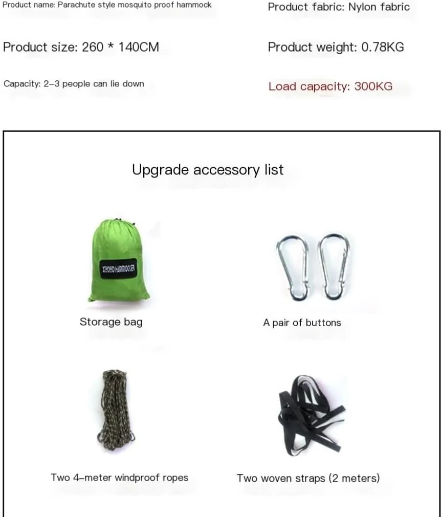 Hammocks Outdoor Anti-Mosquito Hammock Automatic Quick Opening with Mosquito Net Parachute Cloth Single Double Camping Hammocks(Green,A)