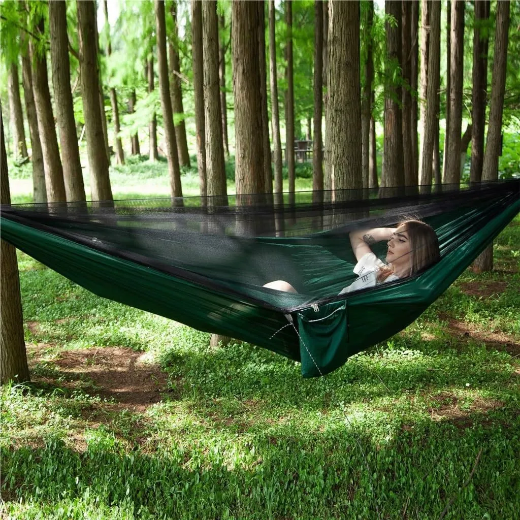 Hammocks Outdoor Camping Quick-Open Mosquito Net Hammock 210T Nylon Hammock with Mosquito Net Outdoor Swing Hammock Camping Hammocks(Green)