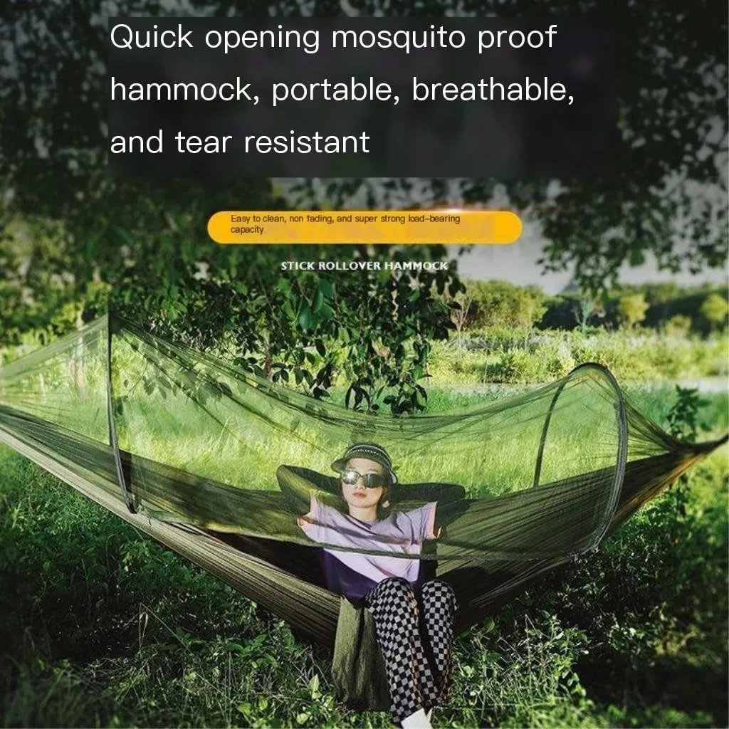 Hammocks Quick-Open Mosquito Net Hammock Outdoor Anti-Rollover Single and Double Outdoor Camping Anti-Mosquito Camping Hammocks(Green,C)