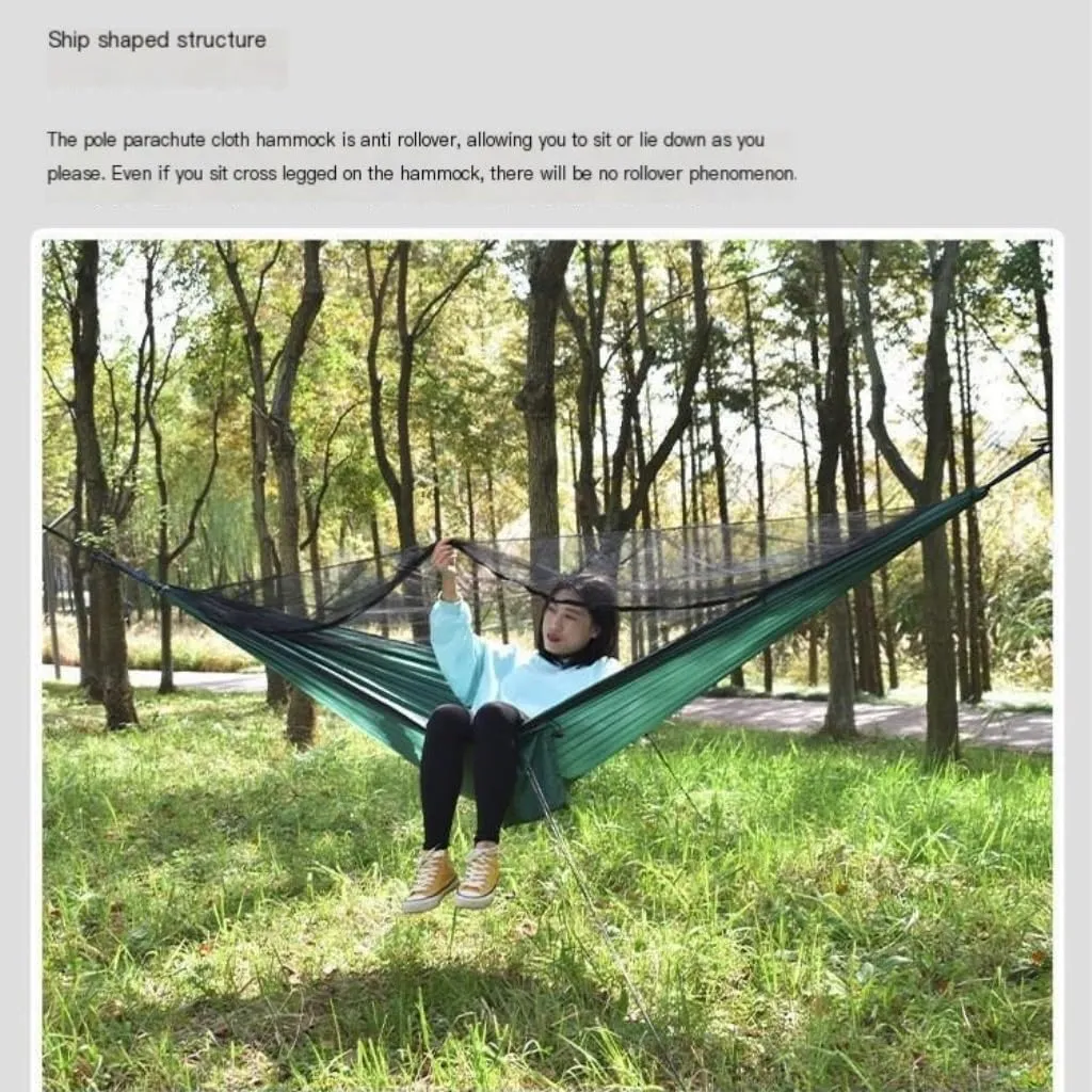 Hammocks Ultra-Light Nylon Double Hammock Parachute Cloth Anti-Rollover Elastic Band Encrypted Mosquito Net Hammock Camping Hammocks(E)