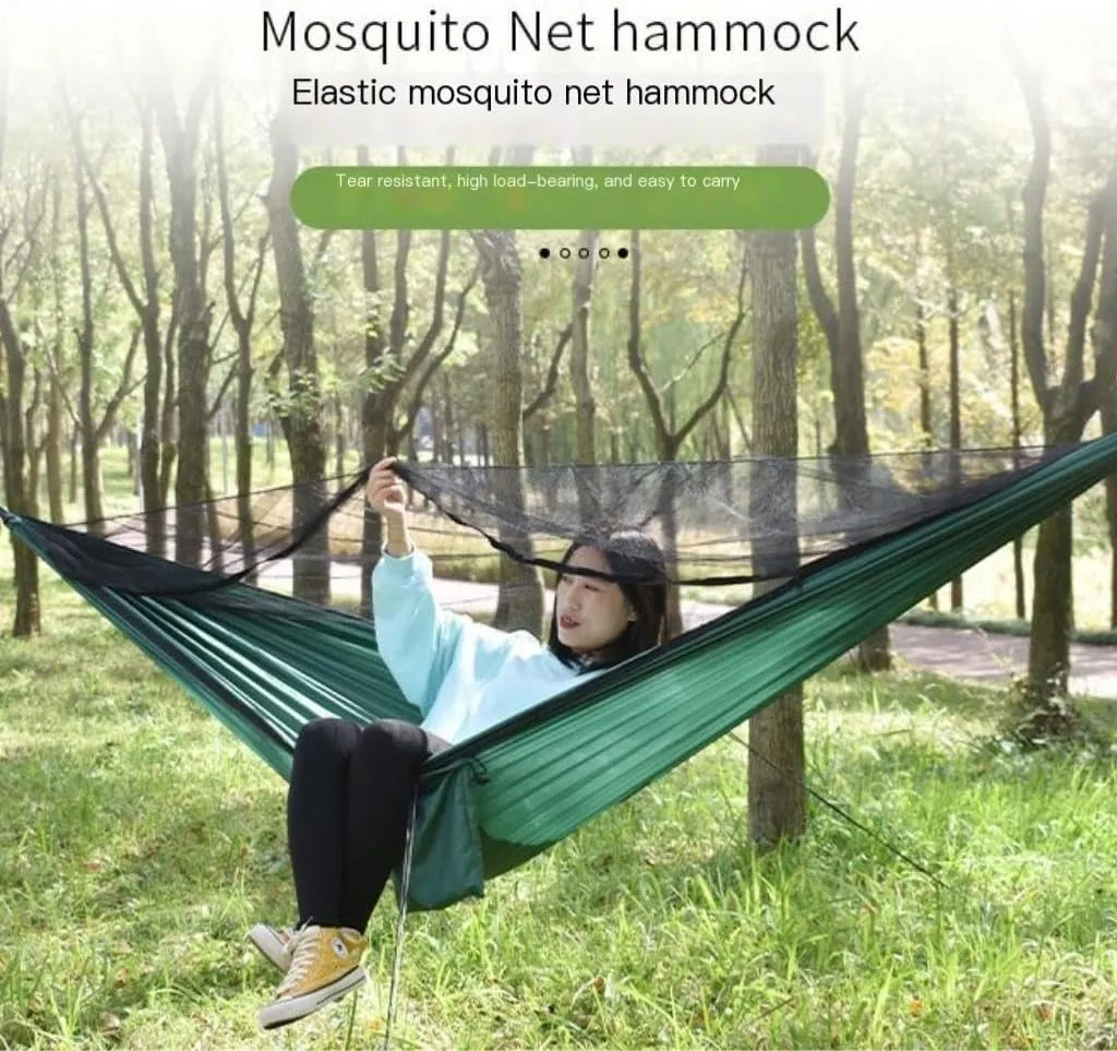 Hammocks Ultra-Light Nylon Double Hammock Parachute Cloth Anti-Rollover Elastic Band Encrypted Mosquito Net Hammock Camping Hammocks(E)