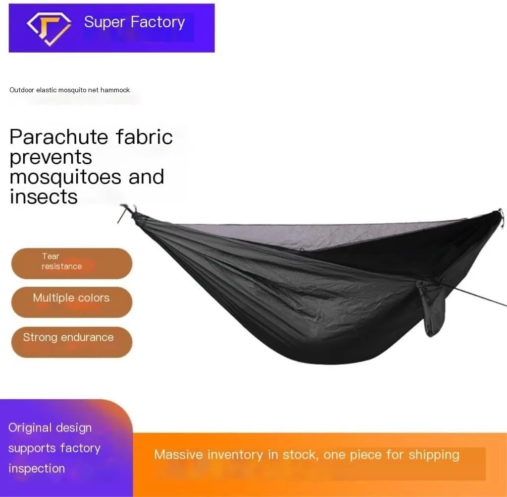 Hammocks Ultra-Light Nylon Double Hammock Parachute Cloth Anti-Rollover Elastic Band Encrypted Mosquito Net Hammock Camping Hammocks(E)