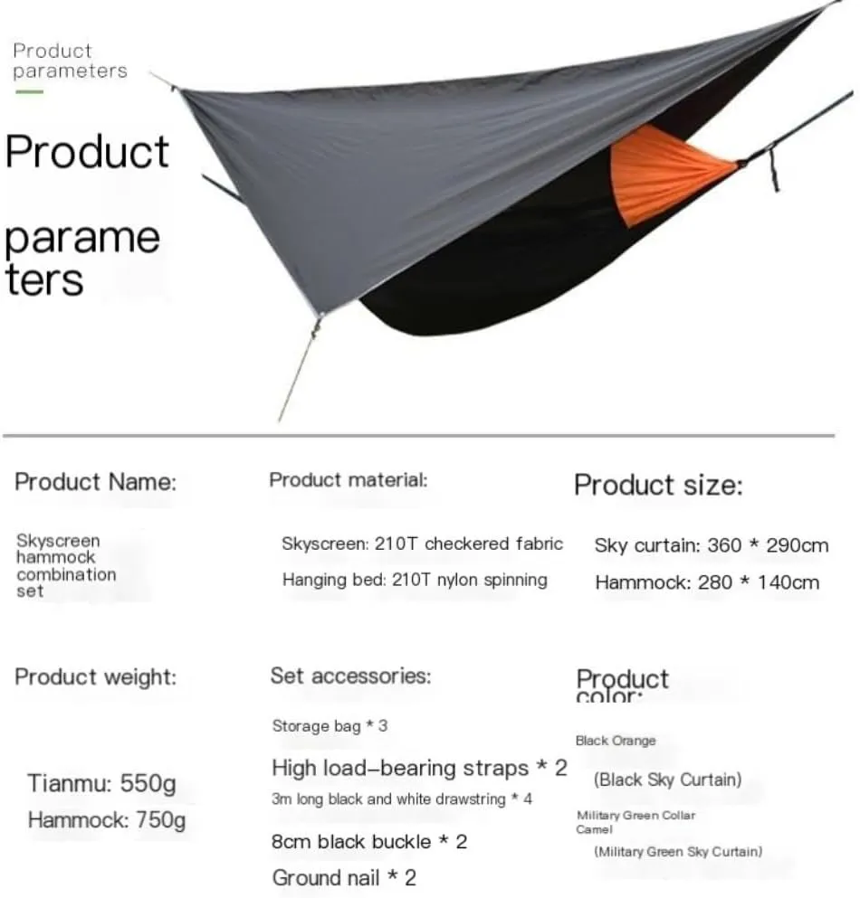 Hamock Canopy Mosquito Net Hammock Set Tent Parachute Cloth Camping Automatic Anti-Mosquito Mosquito Net Hammock Hanmock(Orange)