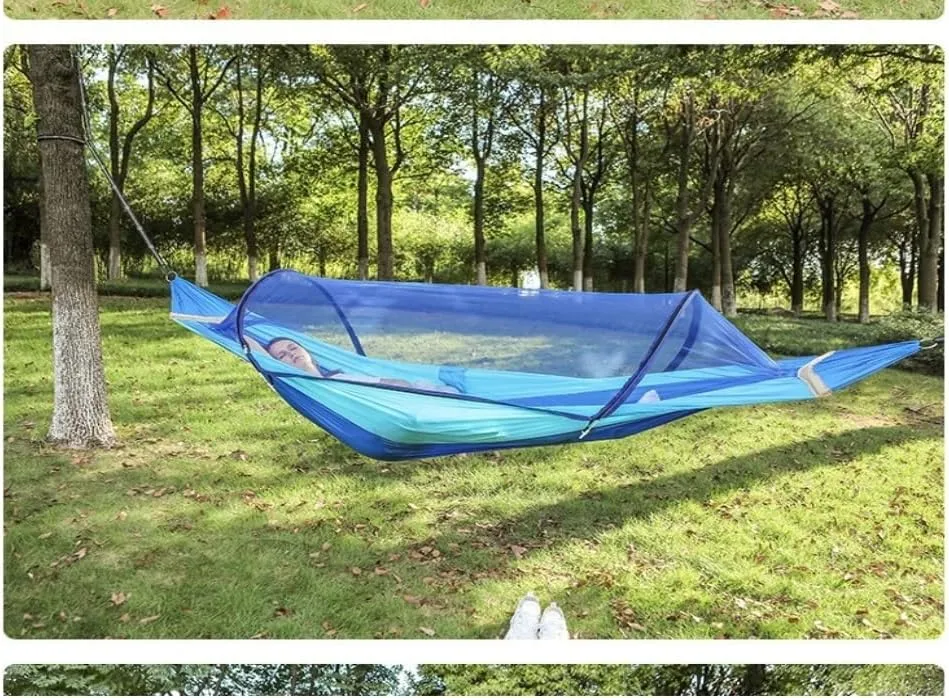Hamock Fully Automatic Quick-Open Hammock for Outdoor Camping, Thickened with Mosquito Net to Prevent Rollover Hanmock(Blue)