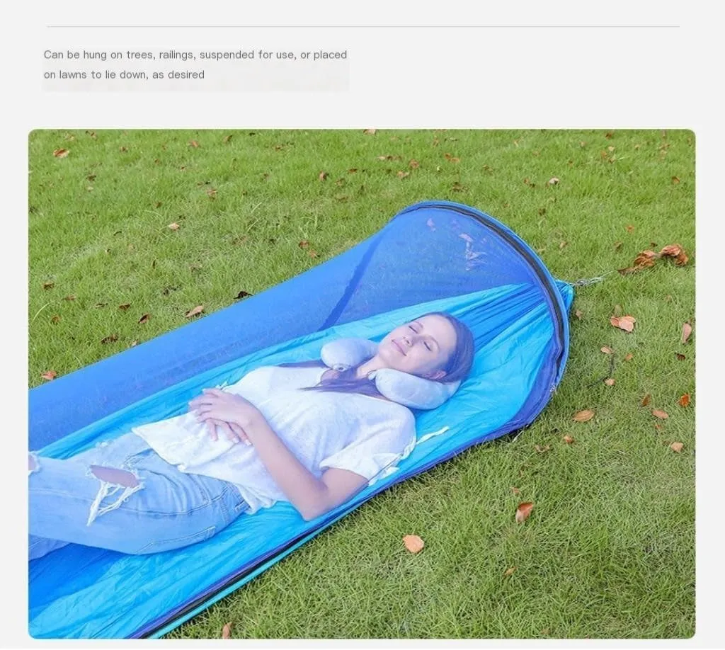 Hamock Fully Automatic Quick-Open Hammock for Outdoor Camping, Thickened with Mosquito Net to Prevent Rollover Hanmock(Blue)