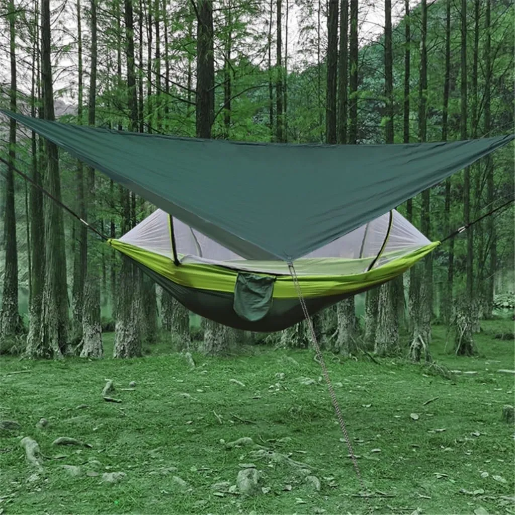 Hamock Outdoor Automatic Quick-Opening Mosquito Net Hammock Canopy Parachute Cloth Pole Mosquito Net Hammock Hanmock(Green)