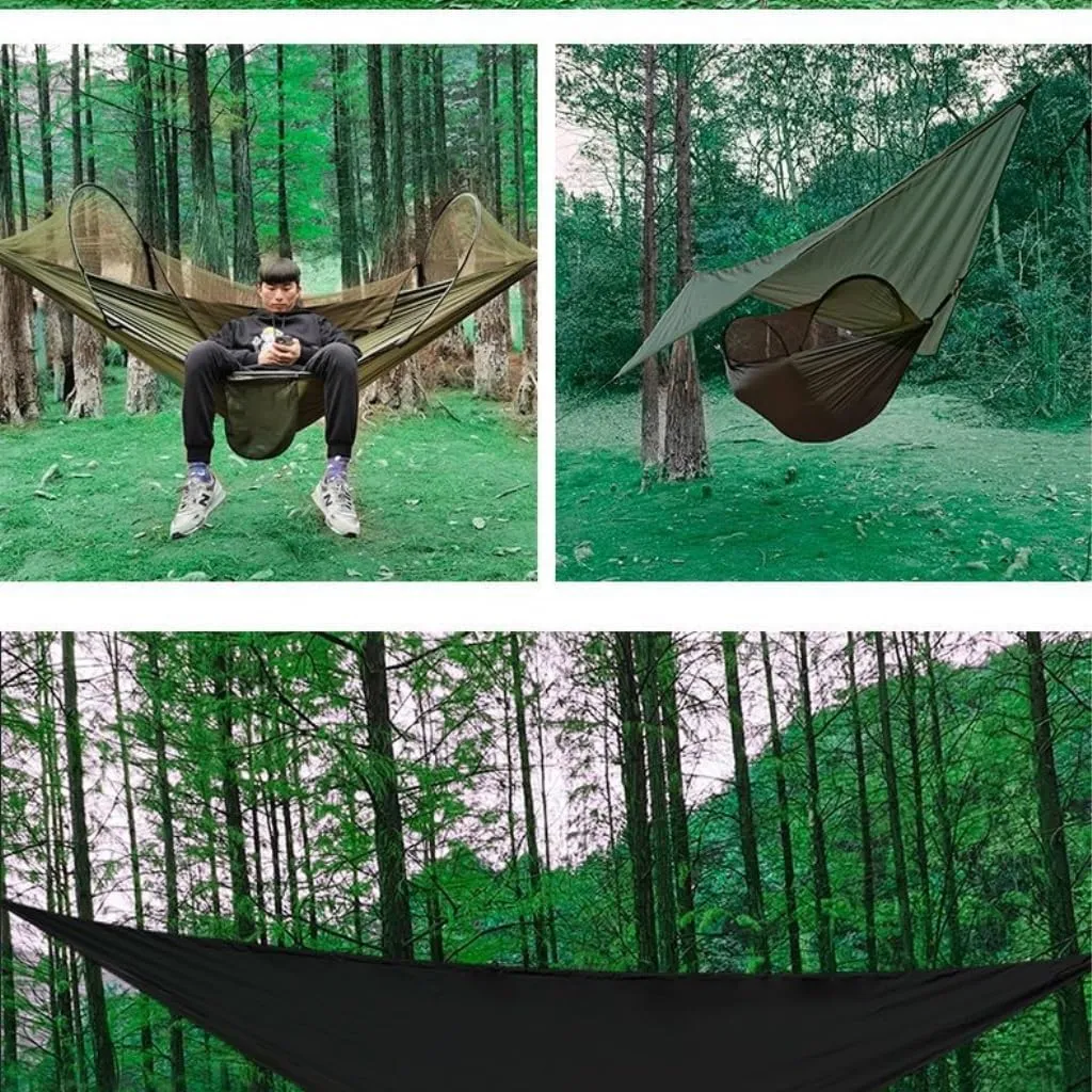 Hamock Outdoor Automatic Quick-Opening Mosquito Net Hammock Canopy Parachute Cloth Pole Mosquito Net Hammock Hanmock(Green)