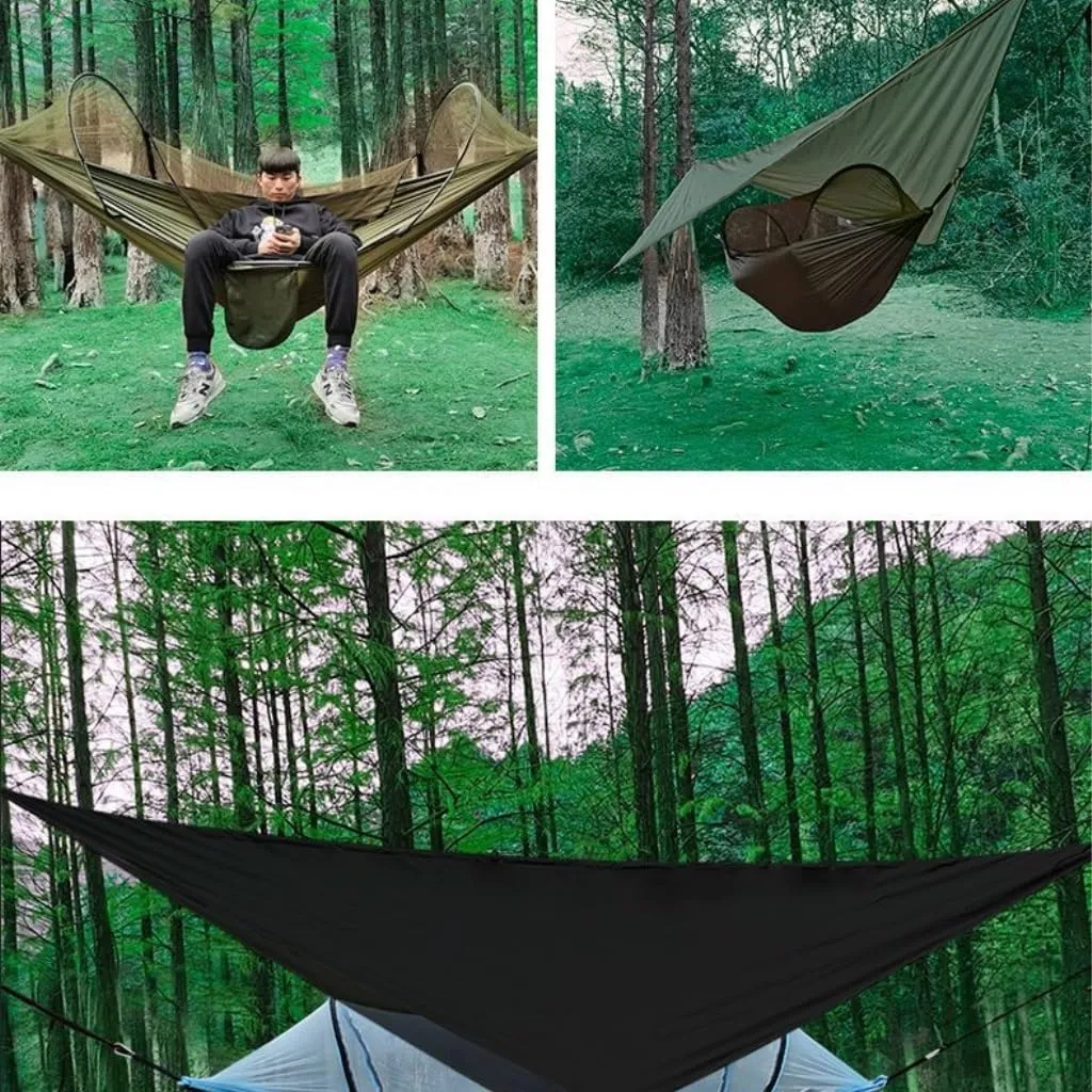 Hamock Outdoor Automatic Quick-Opening Mosquito Net Hammock Canopy Parachute Cloth Pole Mosquito Net Hammock Hanmock(Green)