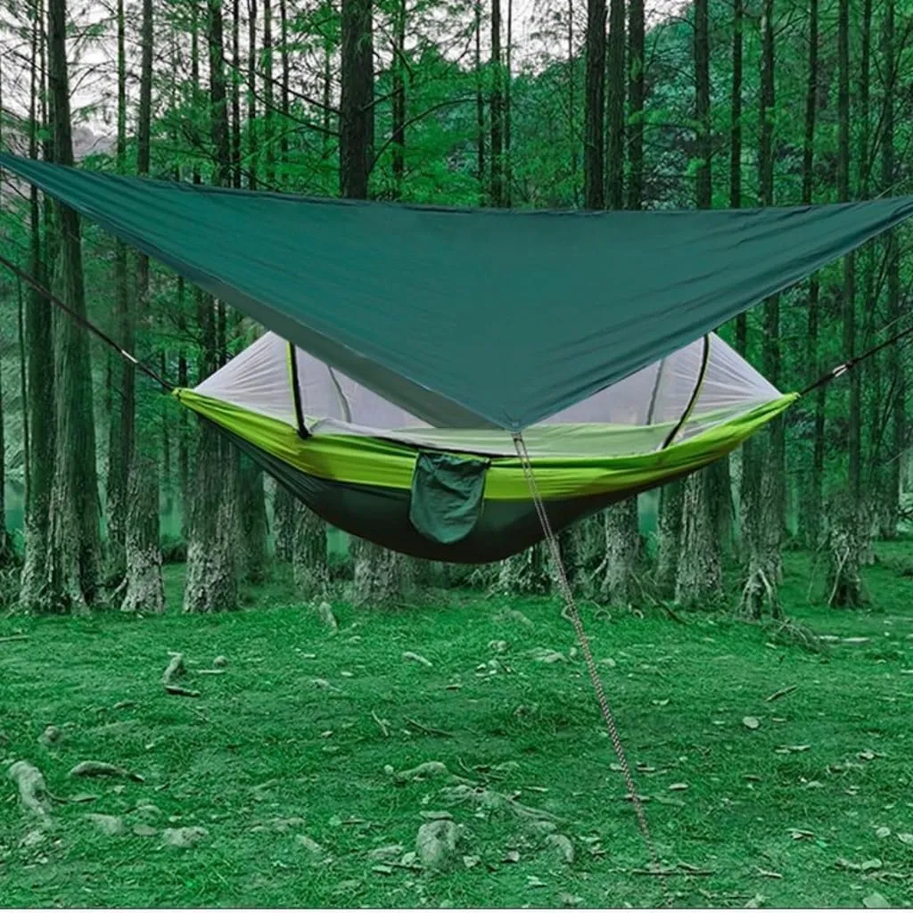 Hamock Outdoor Automatic Quick-Opening Mosquito Net Hammock Canopy Parachute Cloth Pole Mosquito Net Hammock Hanmock(Green)