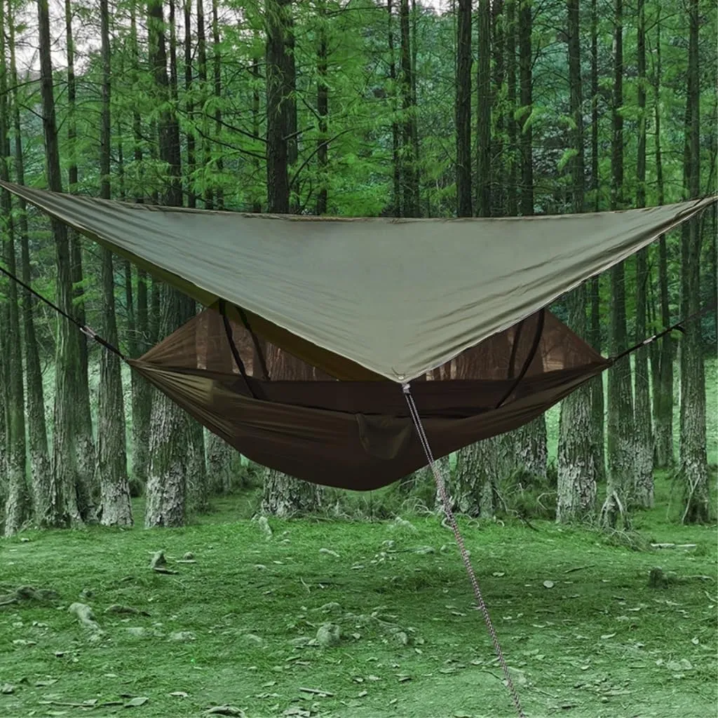 Hamock Outdoor Automatic Quick-Opening Mosquito Net Hammock Canopy Parachute Cloth Pole Mosquito Net Hammock Hanmock(Green)