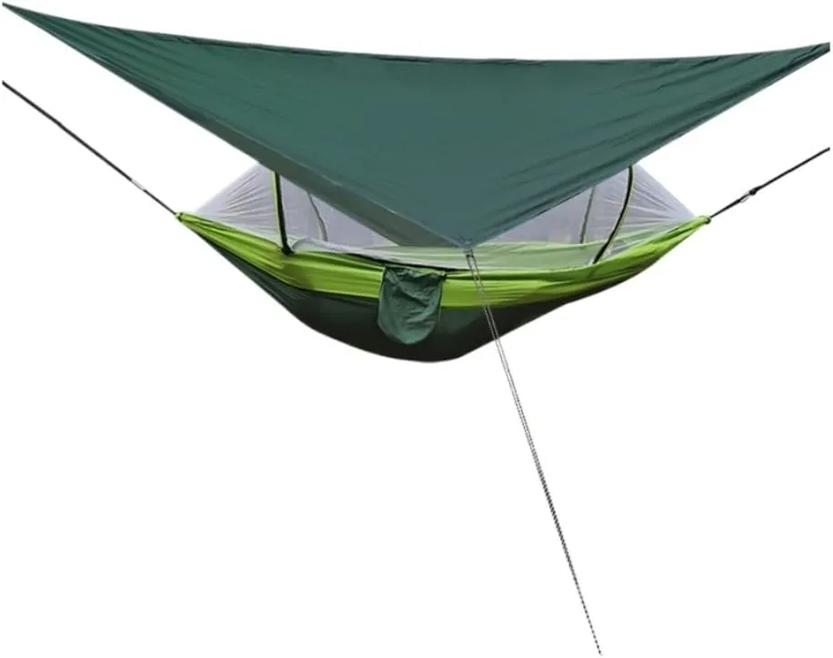 Hamock Outdoor Automatic Quick-Opening Mosquito Net Hammock Canopy Parachute Cloth Pole Mosquito Net Hammock Hanmock(Green)