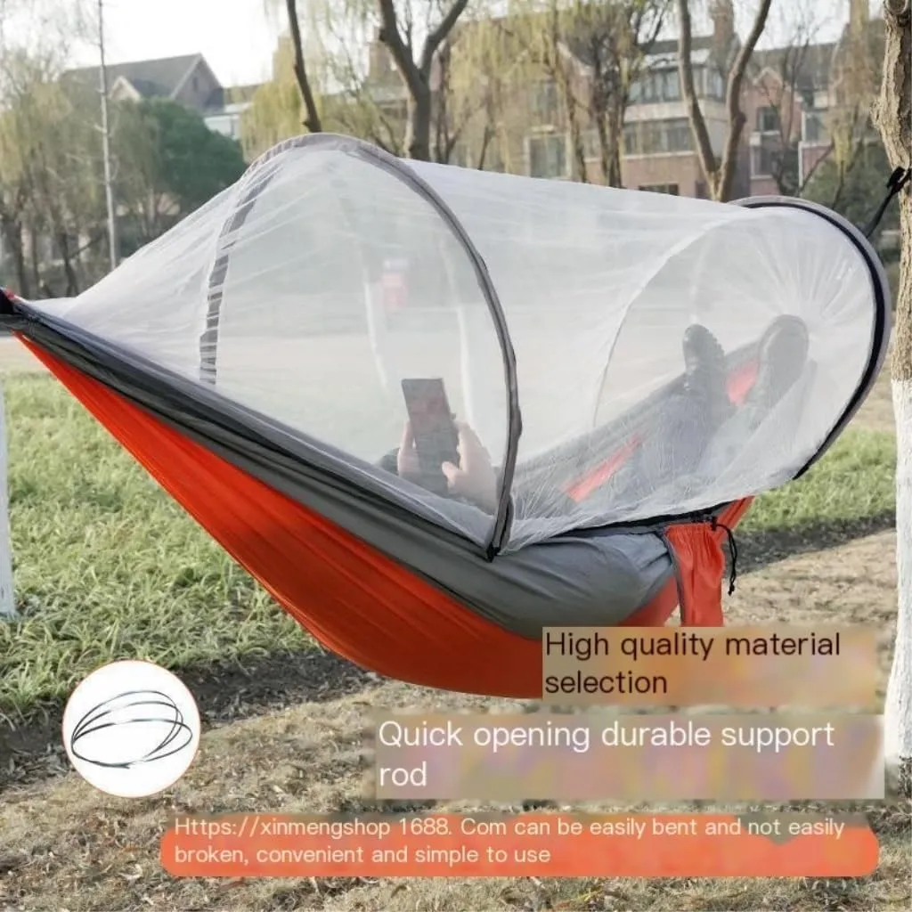 Hamock Outdoor Camping Anti-Rollover Nylon Hammock with Mosquito Net Automatic Quick-Opening Mosquito Net Hammock Hanmock(Blue)