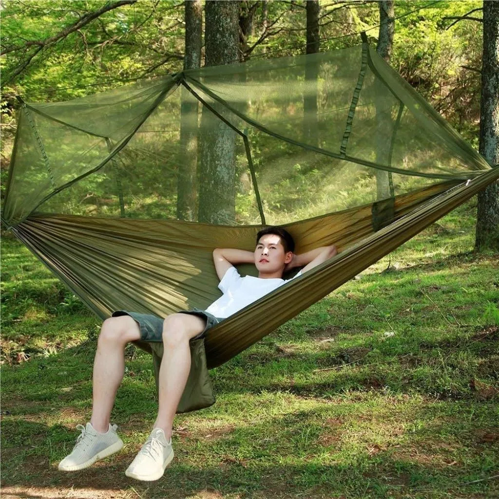 Hamock Outdoor Fully Automatic Quick-Opening Hammock with Mosquito Net, Outdoor Nylon Cloth Camping Pole Hammock Hanmock(Blue)