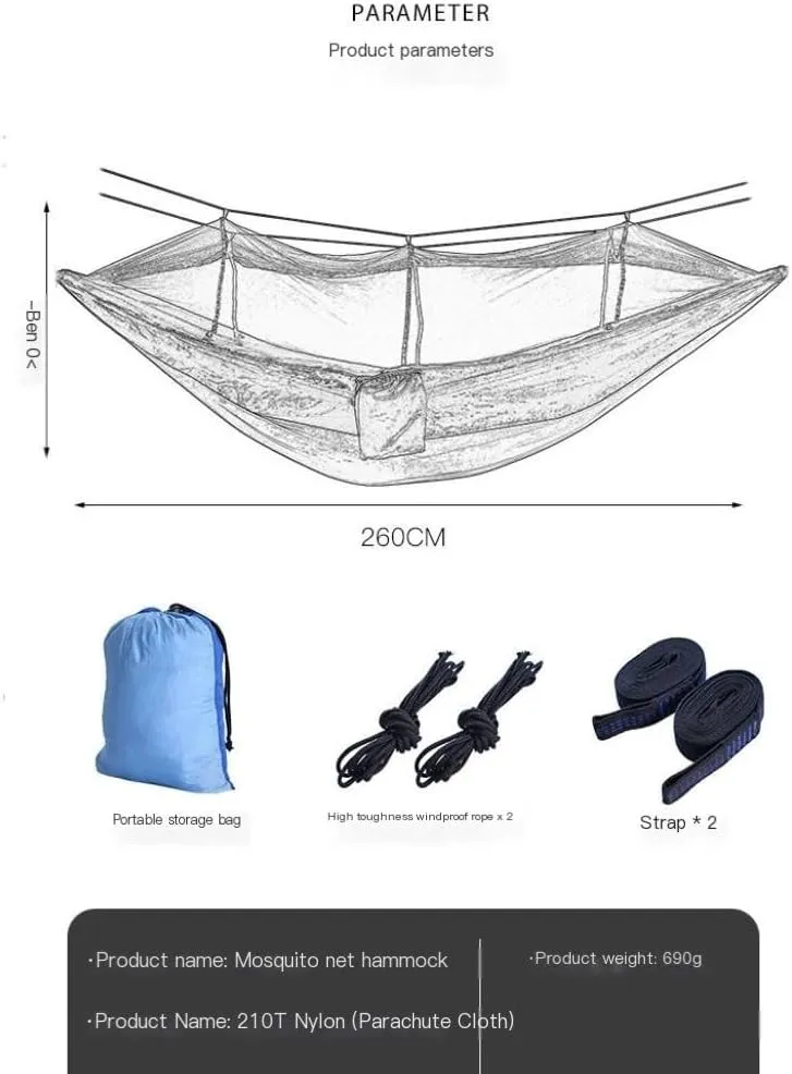 Hamock Outdoor Fully Automatic Quick-Opening Hammock with Mosquito Net, Outdoor Nylon Cloth Camping Pole Hammock Hanmock(Blue)