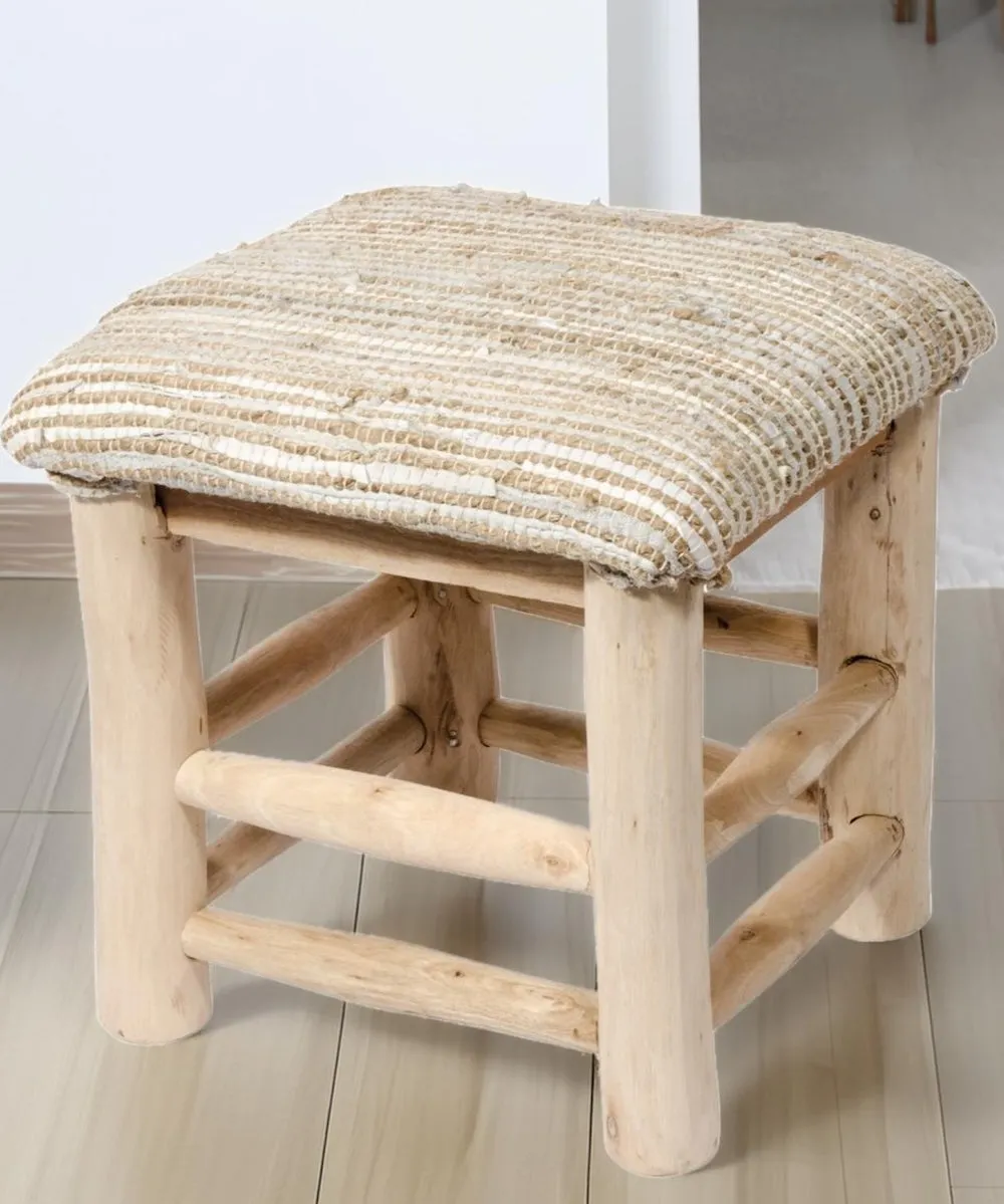 Handmade Solid Mango Wood Stool with Hemp Natural Leather Seat