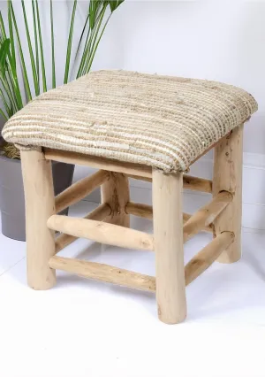 Handmade Solid Mango Wood Stool with Hemp Natural Leather Seat