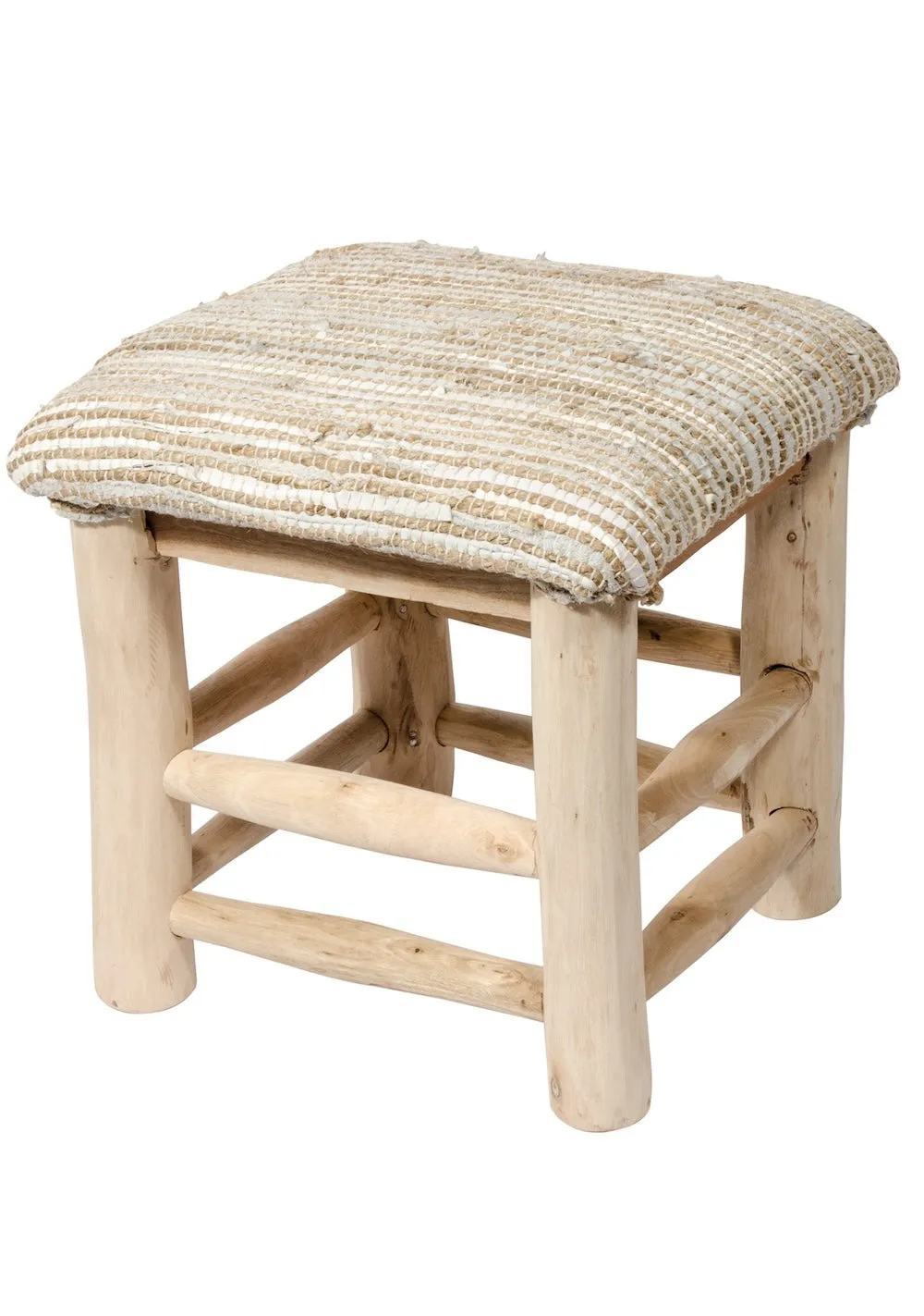 Handmade Solid Mango Wood Stool with Hemp Natural Leather Seat