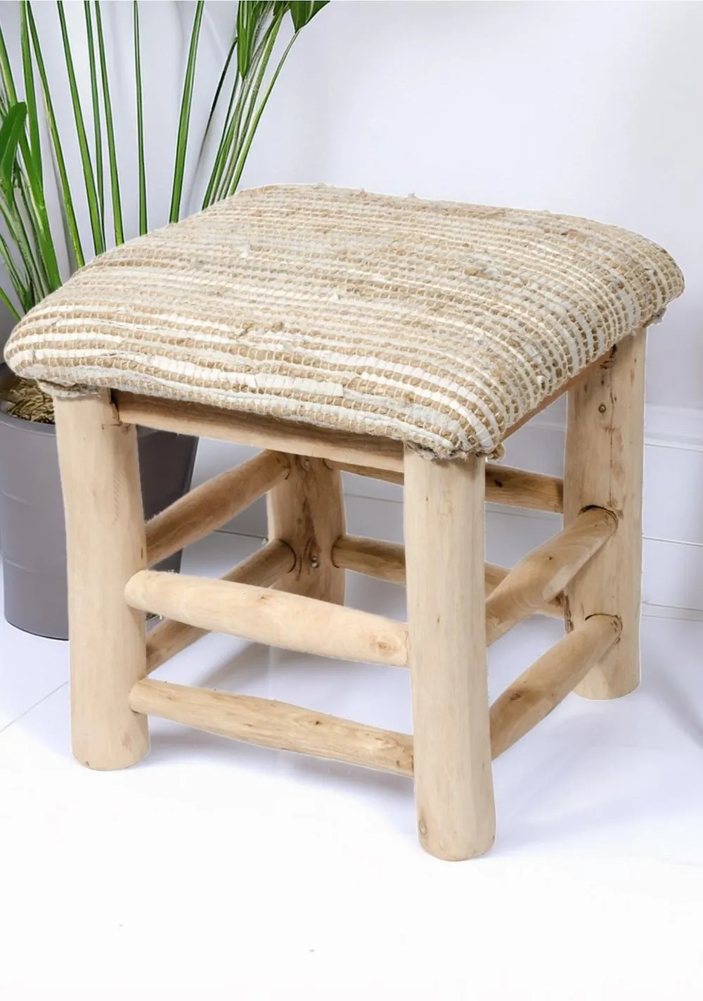Handmade Solid Mango Wood Stool with Hemp Natural Leather Seat