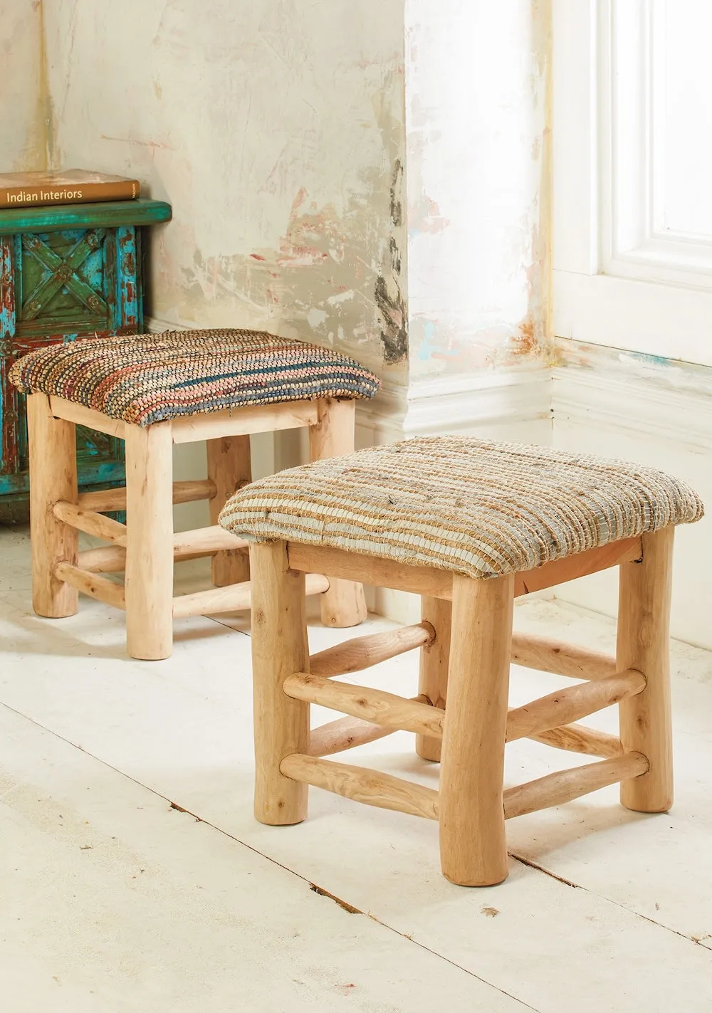 Handmade Solid Mango Wood Stool with Hemp Natural Leather Seat