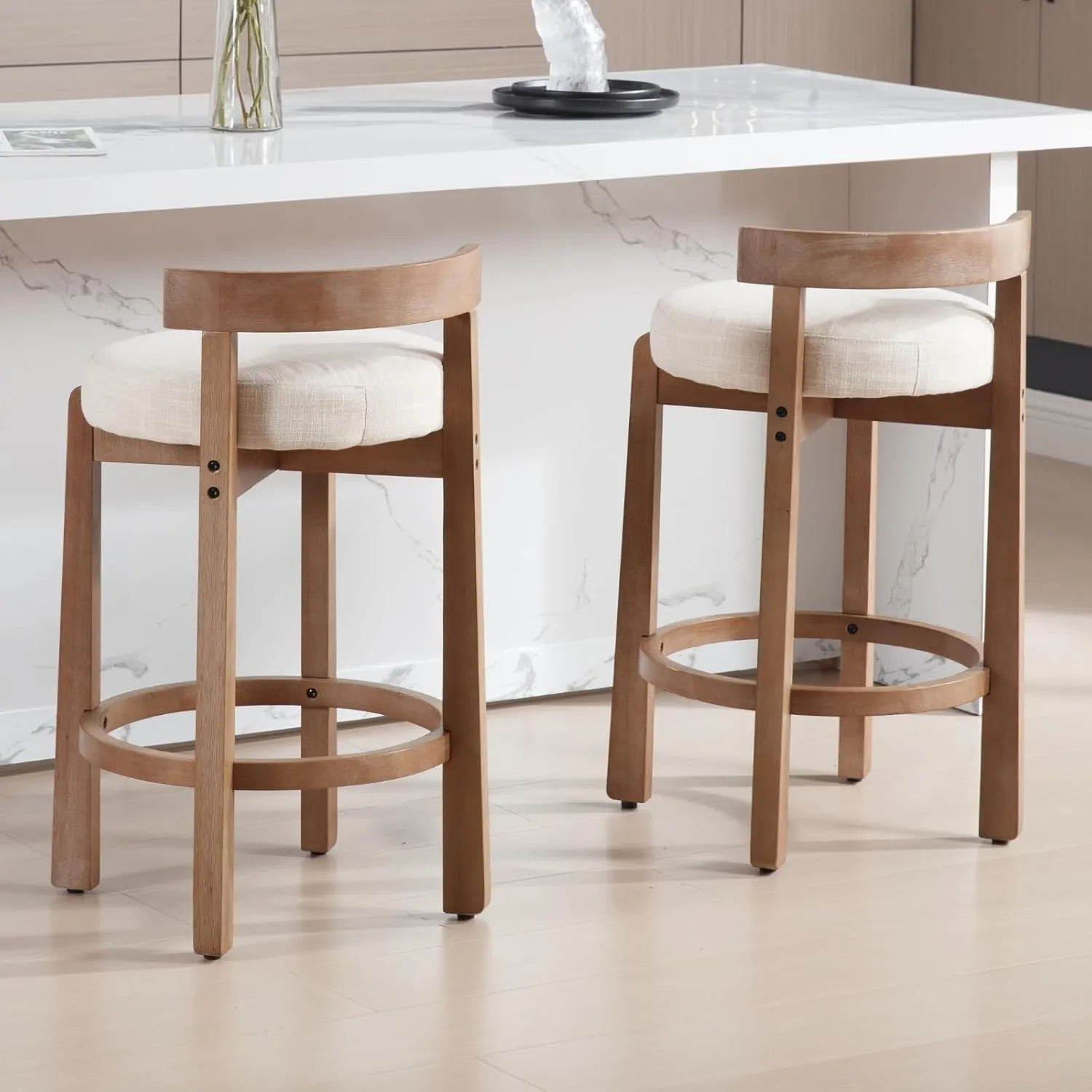 HEAH-YO Mid Century Modern Bar Stools Set of 2, 26.5" Counter Stools with Back, Linen Upholstered Barstools with Solid Wood Legs Bar Chairs for Kitchen Island Dining Room, Beige