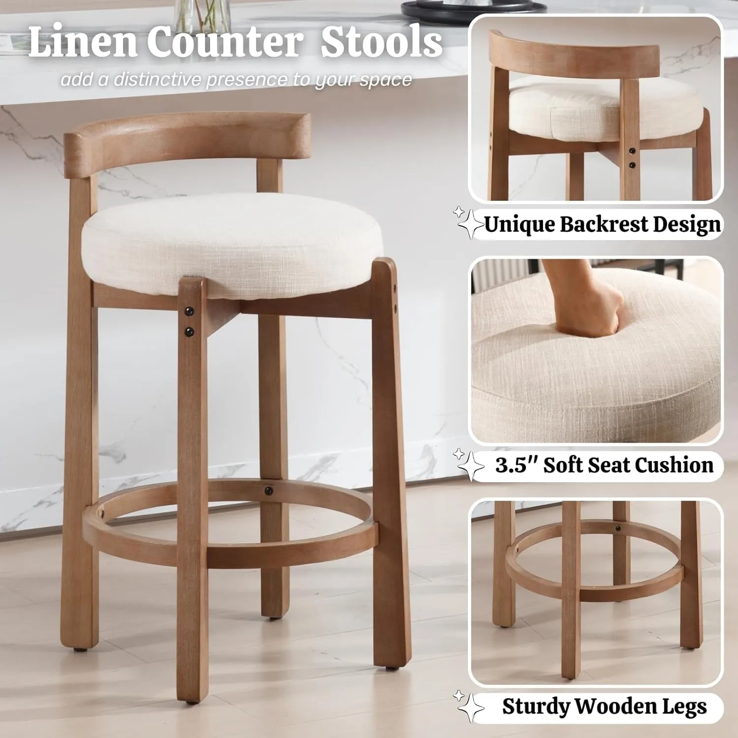 HEAH-YO Mid Century Modern Bar Stools Set of 2, 26.5" Counter Stools with Back, Linen Upholstered Barstools with Solid Wood Legs Bar Chairs for Kitchen Island Dining Room, Beige