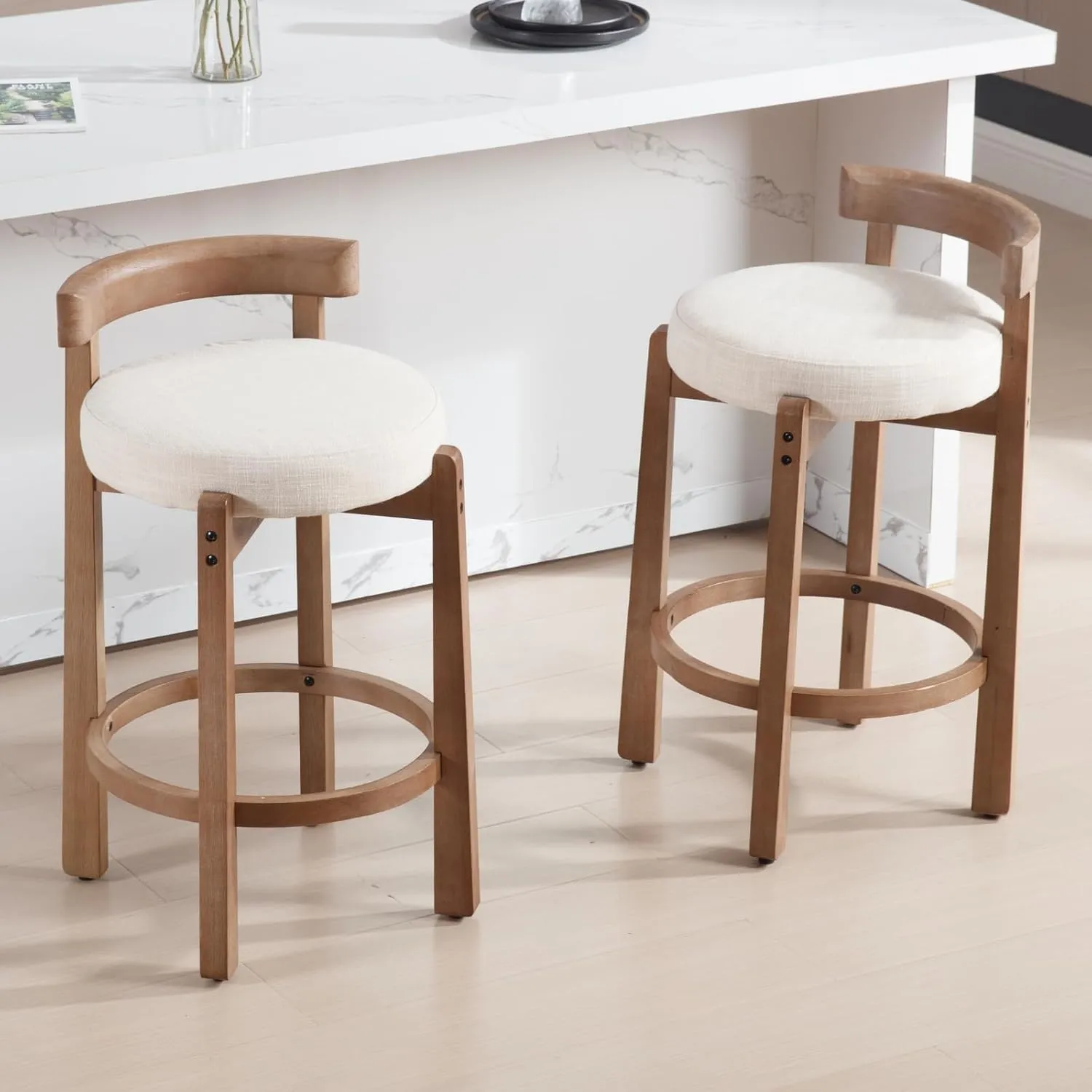 HEAH-YO Mid Century Modern Bar Stools Set of 2, 26.5" Counter Stools with Back, Linen Upholstered Barstools with Solid Wood Legs Bar Chairs for Kitchen Island Dining Room, Beige
