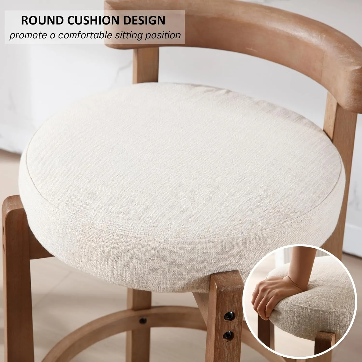 HEAH-YO Mid Century Modern Bar Stools Set of 2, 26.5" Counter Stools with Back, Linen Upholstered Barstools with Solid Wood Legs Bar Chairs for Kitchen Island Dining Room, Beige
