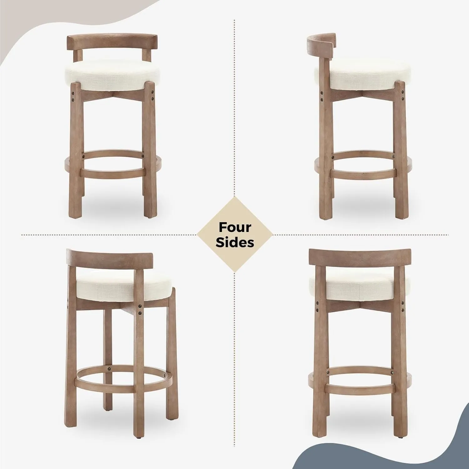 HEAH-YO Mid Century Modern Bar Stools Set of 2, 26.5" Counter Stools with Back, Linen Upholstered Barstools with Solid Wood Legs Bar Chairs for Kitchen Island Dining Room, Beige