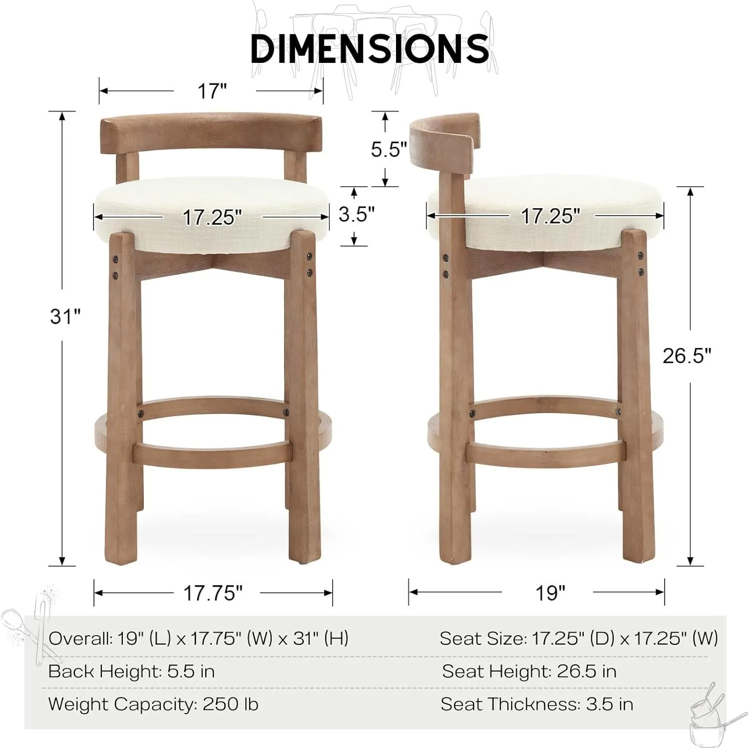 HEAH-YO Mid Century Modern Bar Stools Set of 2, 26.5" Counter Stools with Back, Linen Upholstered Barstools with Solid Wood Legs Bar Chairs for Kitchen Island Dining Room, Beige