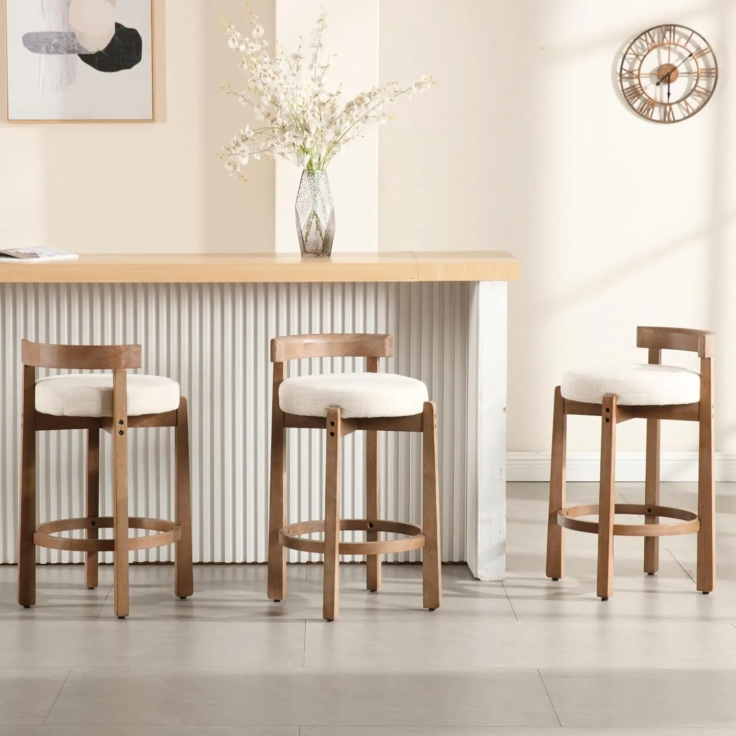 HEAH-YO Mid Century Modern Bar Stools Set of 2, 26.5" Counter Stools with Back, Linen Upholstered Barstools with Solid Wood Legs Bar Chairs for Kitchen Island Dining Room, Beige