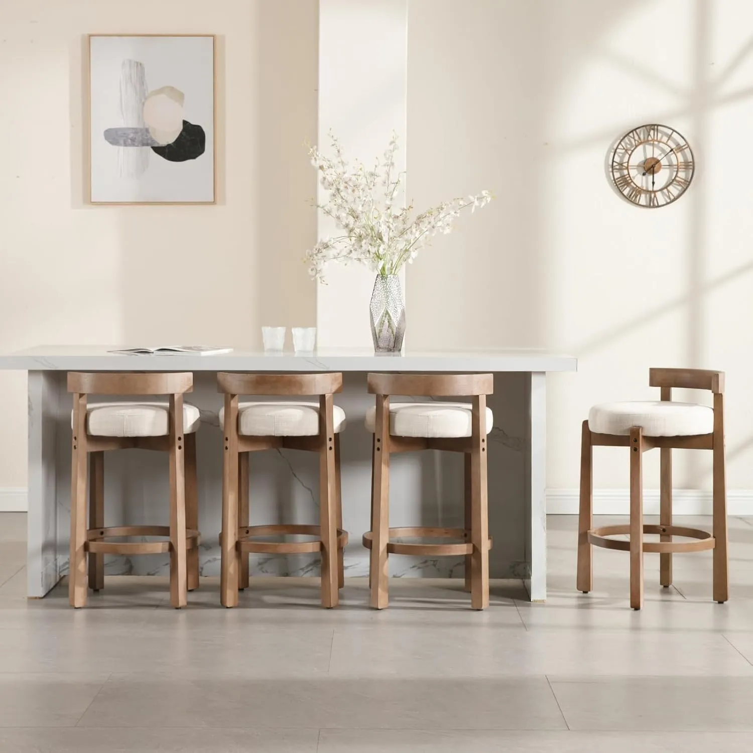 HEAH-YO Mid Century Modern Bar Stools Set of 2, 26.5" Counter Stools with Back, Linen Upholstered Barstools with Solid Wood Legs Bar Chairs for Kitchen Island Dining Room, Beige