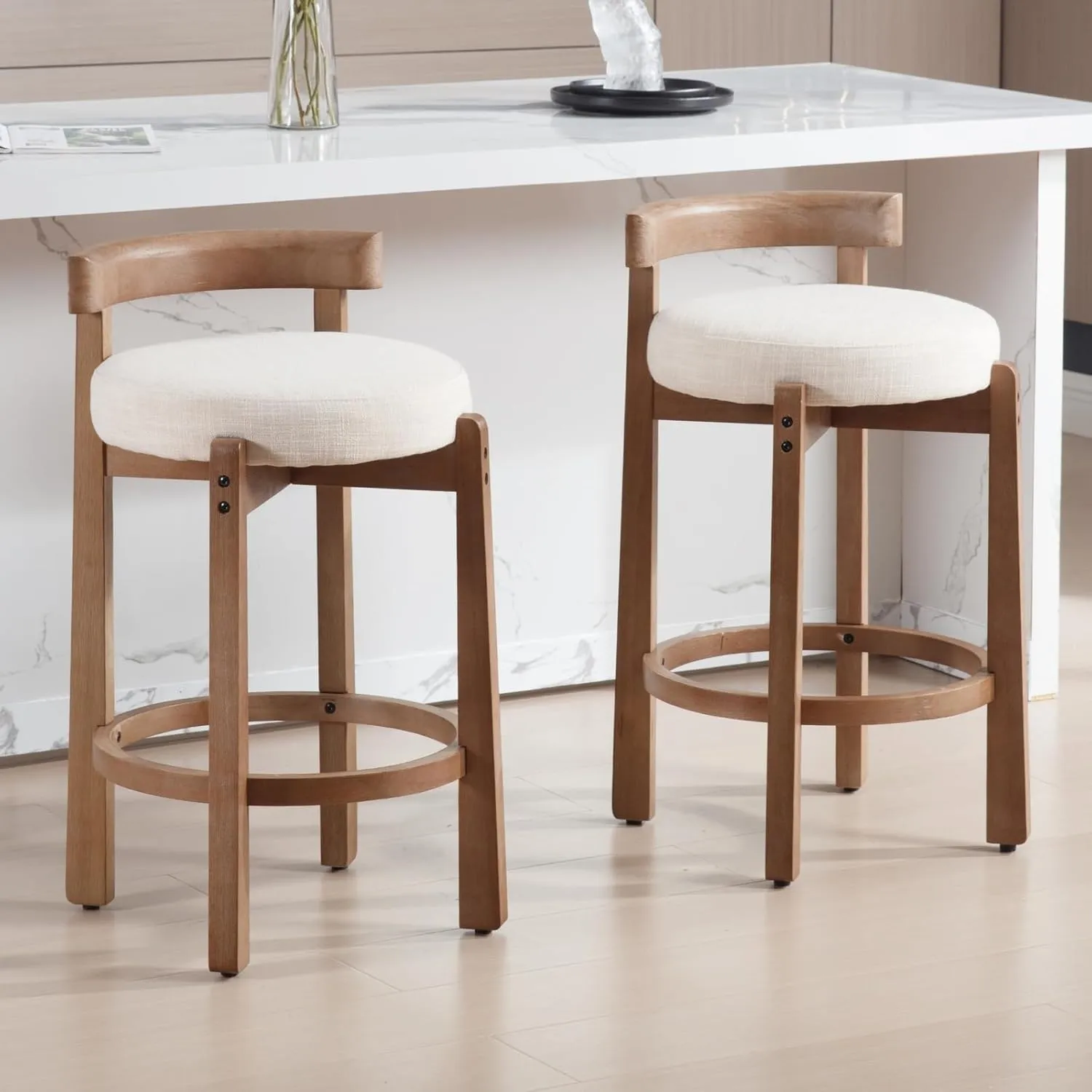 HEAH-YO Mid Century Modern Bar Stools Set of 2, 26.5" Counter Stools with Back, Linen Upholstered Barstools with Solid Wood Legs Bar Chairs for Kitchen Island Dining Room, Beige