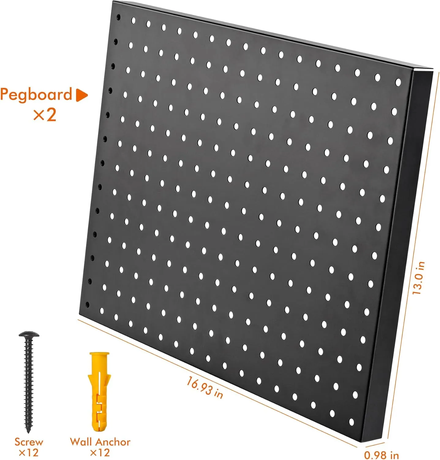 Heavy Duty Metal Pegboard Organizer - Wall Storage Steel Peg Board Panels Set 1/4 inch Round Holes 17"x13" 2 Pack Garage Craft Tool Display Hanging Rack Organization Kit with Mounting Hardware