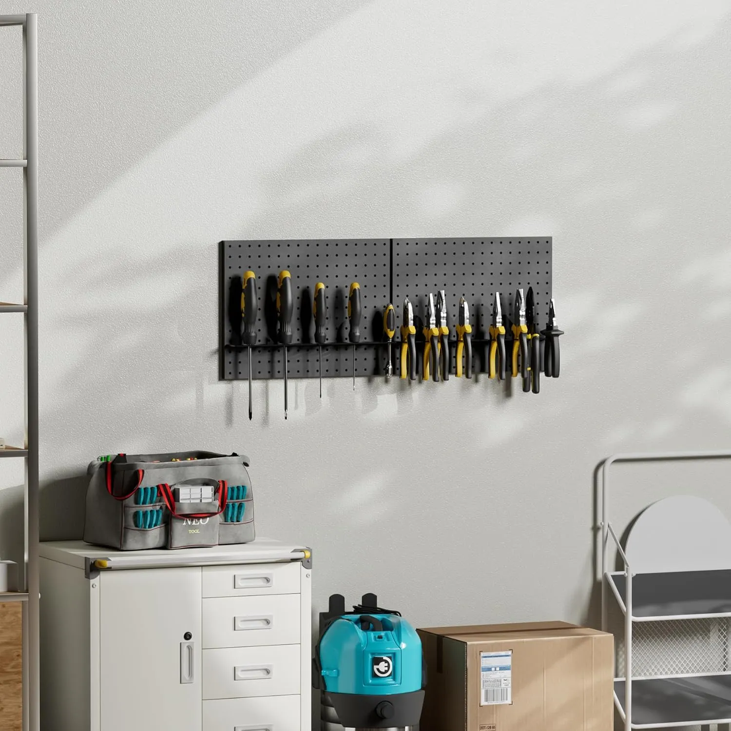 Heavy Duty Metal Pegboard Organizer - Wall Storage Steel Peg Board Panels Set 1/4 inch Round Holes 17"x13" 2 Pack Garage Craft Tool Display Hanging Rack Organization Kit with Mounting Hardware