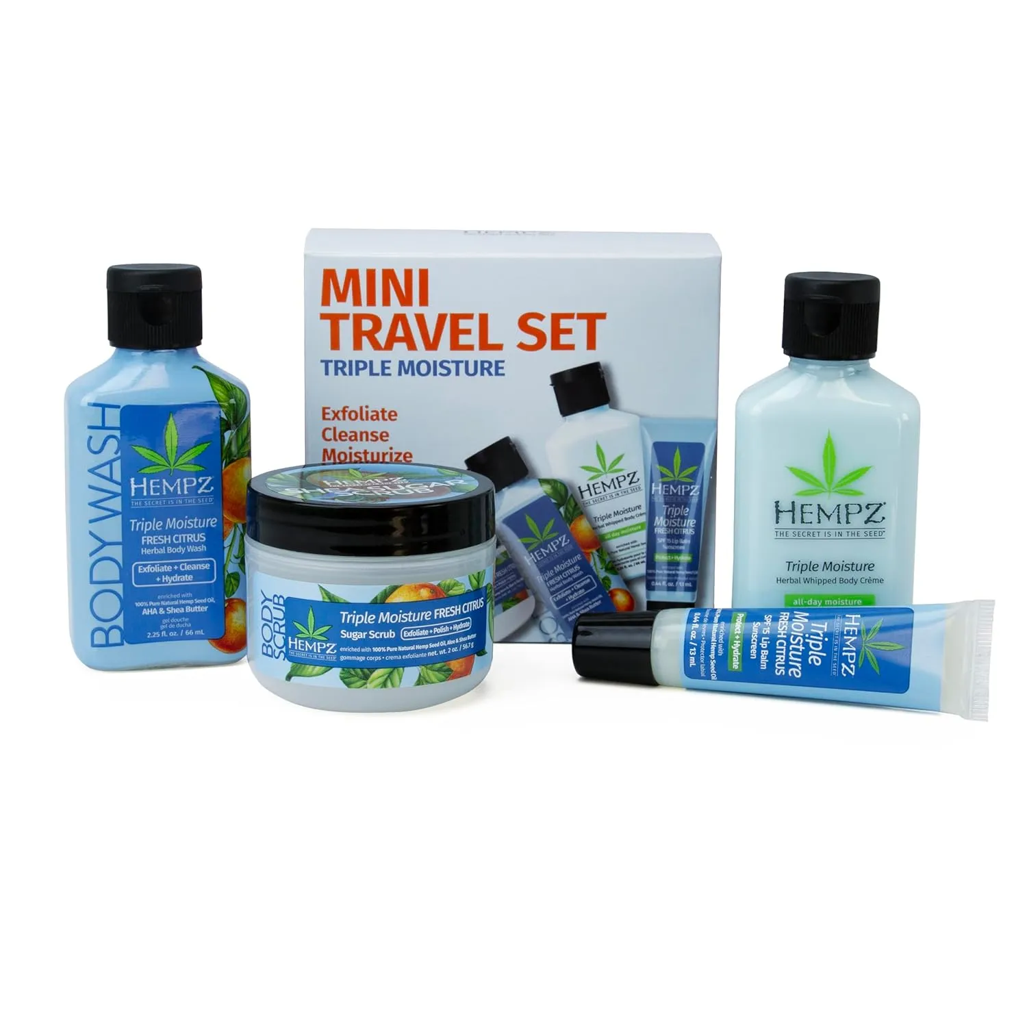 Hempz Mini Sweet Treats, Travel Kit, Mini Body Wash, Body Lotion, Body Scrub and Lip Balm, Triple Moisture Scent, 4 Piece Gift Set
