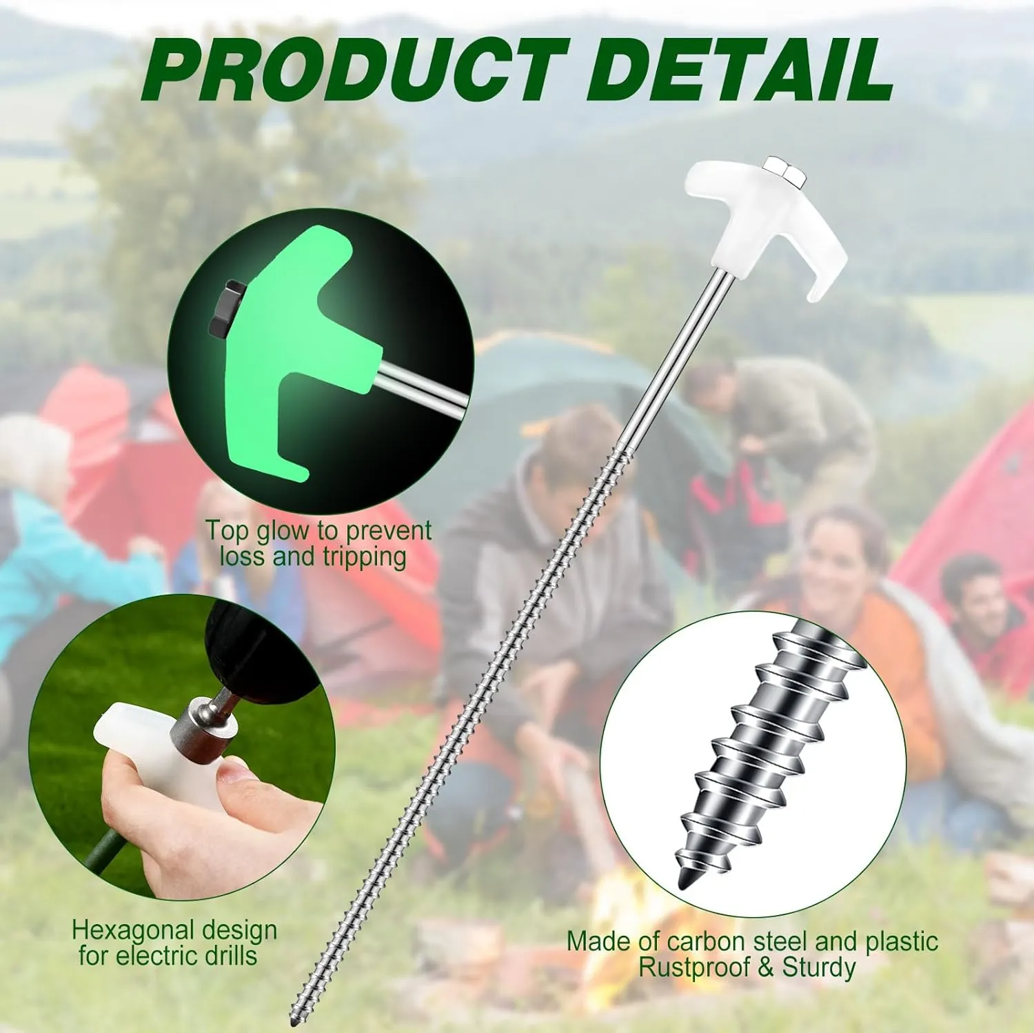 Hicarer 20 Pcs 12 Inch Tent Stakes Screw in Camping Stakes Heavy Duty Metal Spikes Ground Anchor Peg Threaded Tent Spikes with Hex Head Driver for Camping Garden Inflatable (Luminous White)