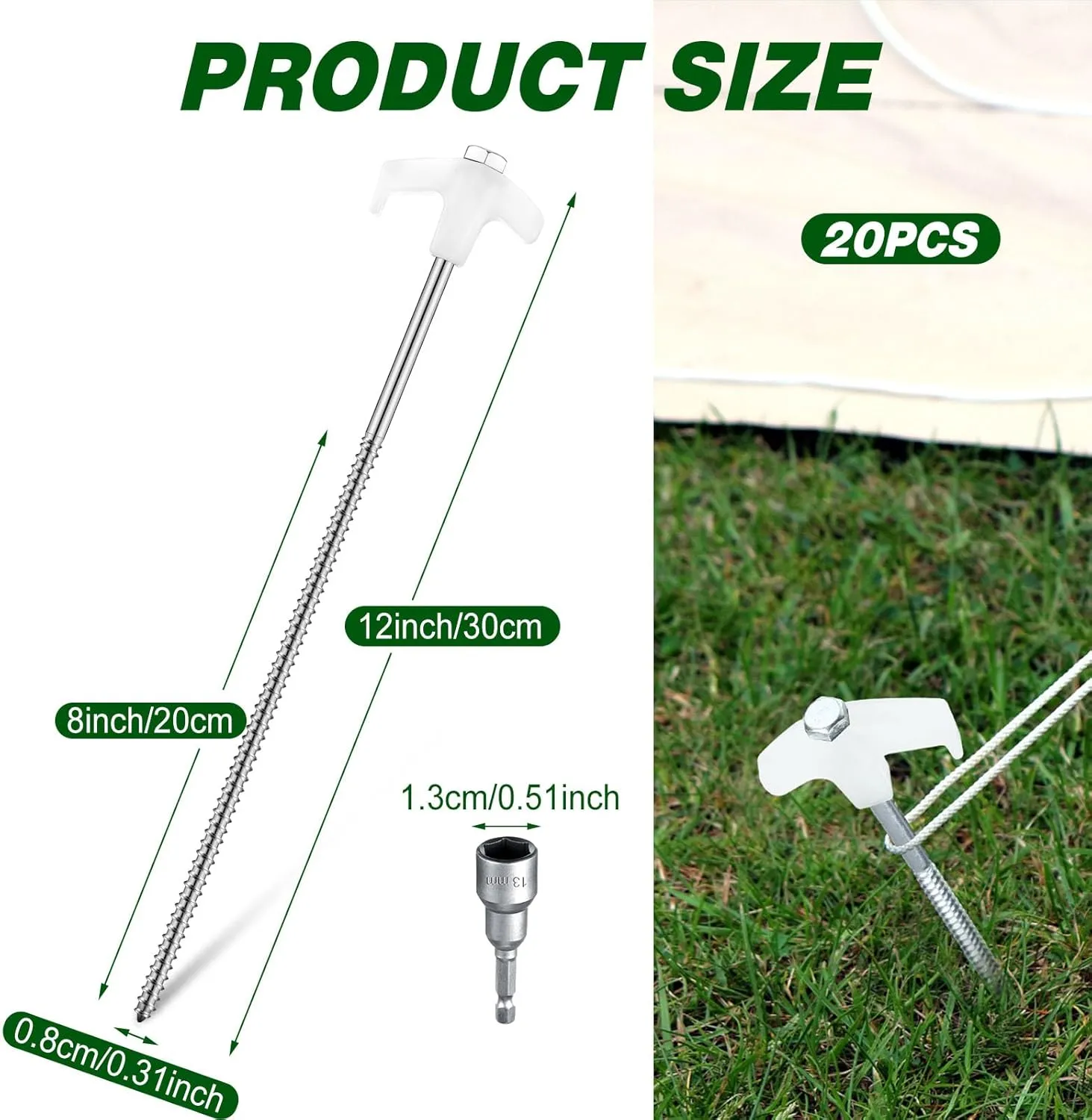 Hicarer 20 Pcs 12 Inch Tent Stakes Screw in Camping Stakes Heavy Duty Metal Spikes Ground Anchor Peg Threaded Tent Spikes with Hex Head Driver for Camping Garden Inflatable (Luminous White)