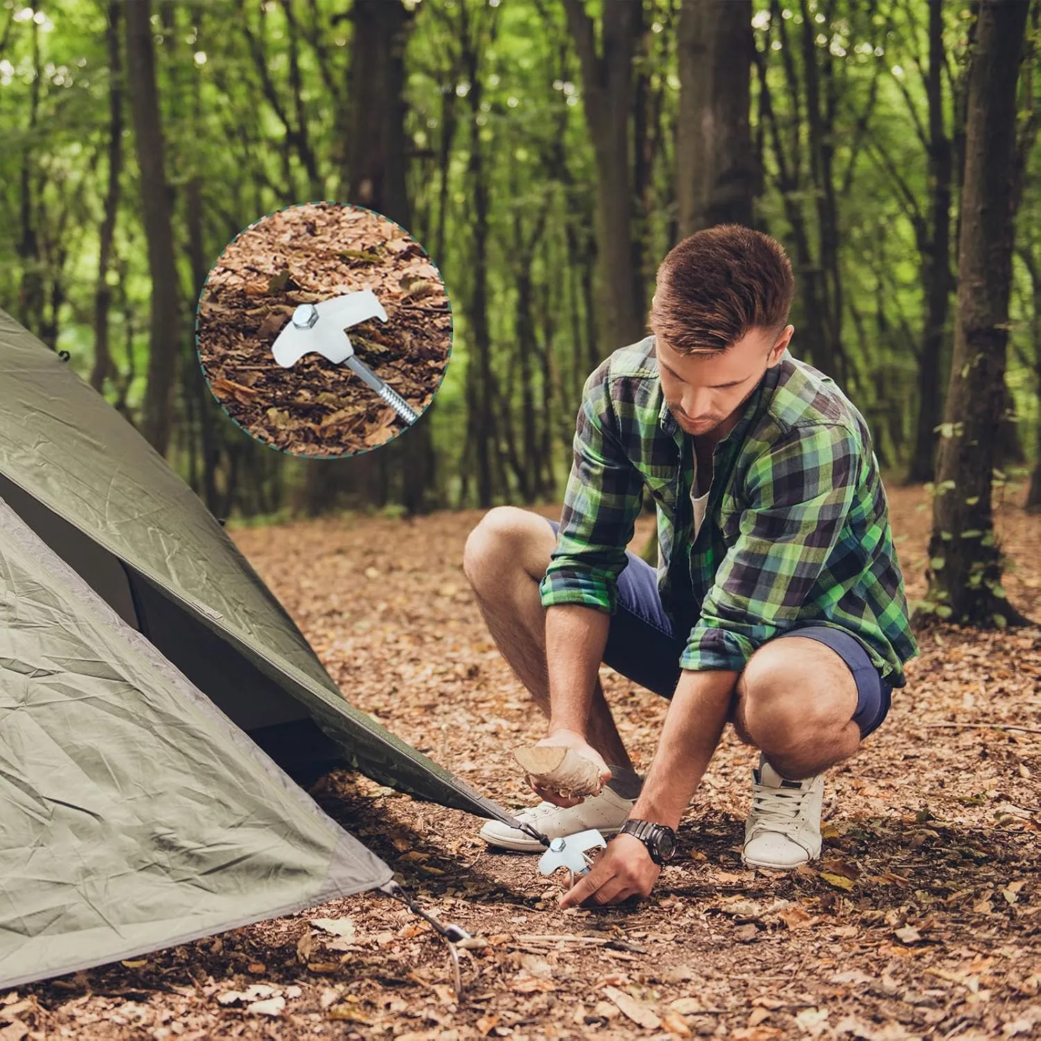 Hicarer 20 Pcs 12 Inch Tent Stakes Screw in Camping Stakes Heavy Duty Metal Spikes Ground Anchor Peg Threaded Tent Spikes with Hex Head Driver for Camping Garden Inflatable (Luminous White)