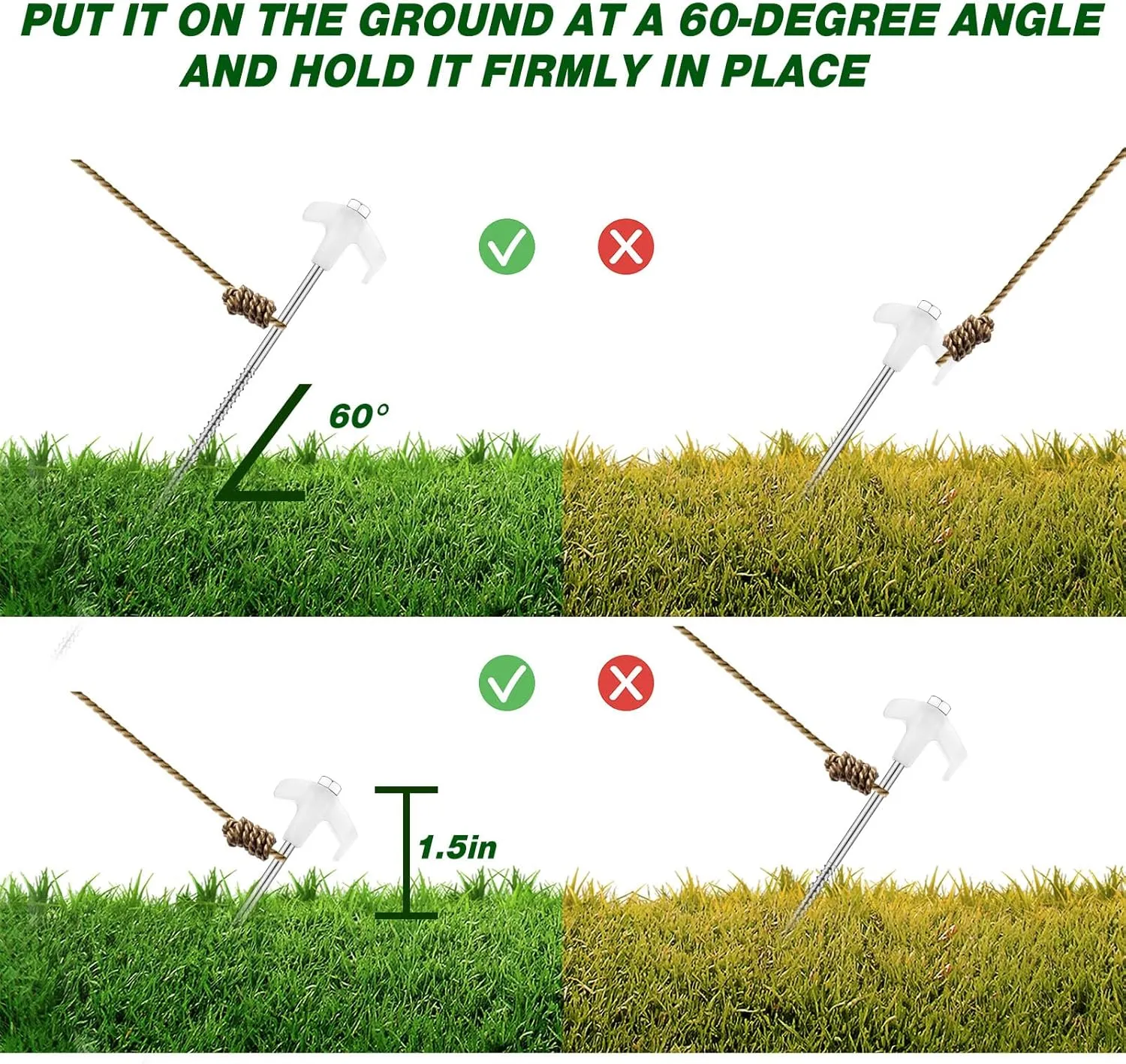 Hicarer 20 Pcs 12 Inch Tent Stakes Screw in Camping Stakes Heavy Duty Metal Spikes Ground Anchor Peg Threaded Tent Spikes with Hex Head Driver for Camping Garden Inflatable (Luminous White)